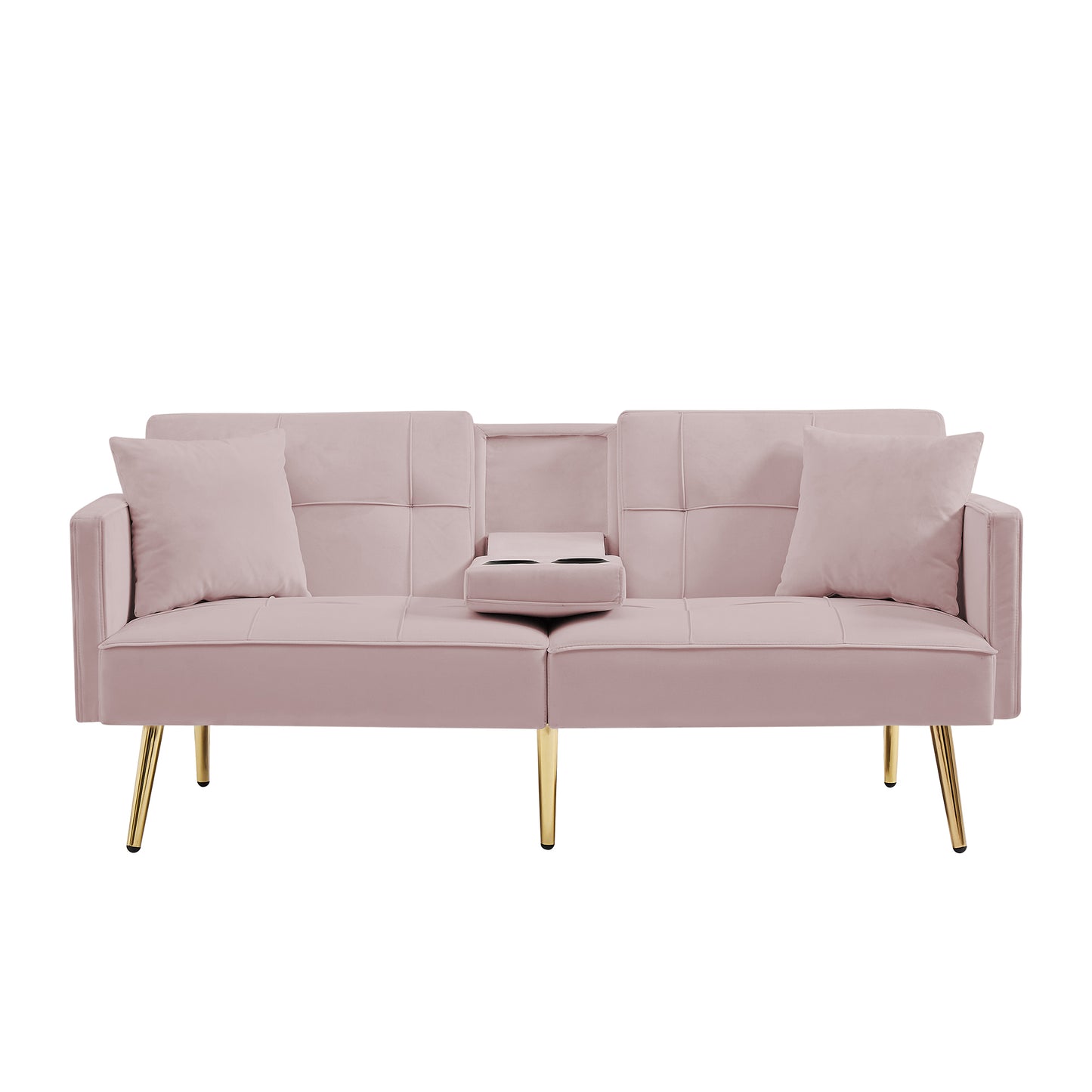 Pink Velvet Futon Sofa Bed with Gold Metal Legs