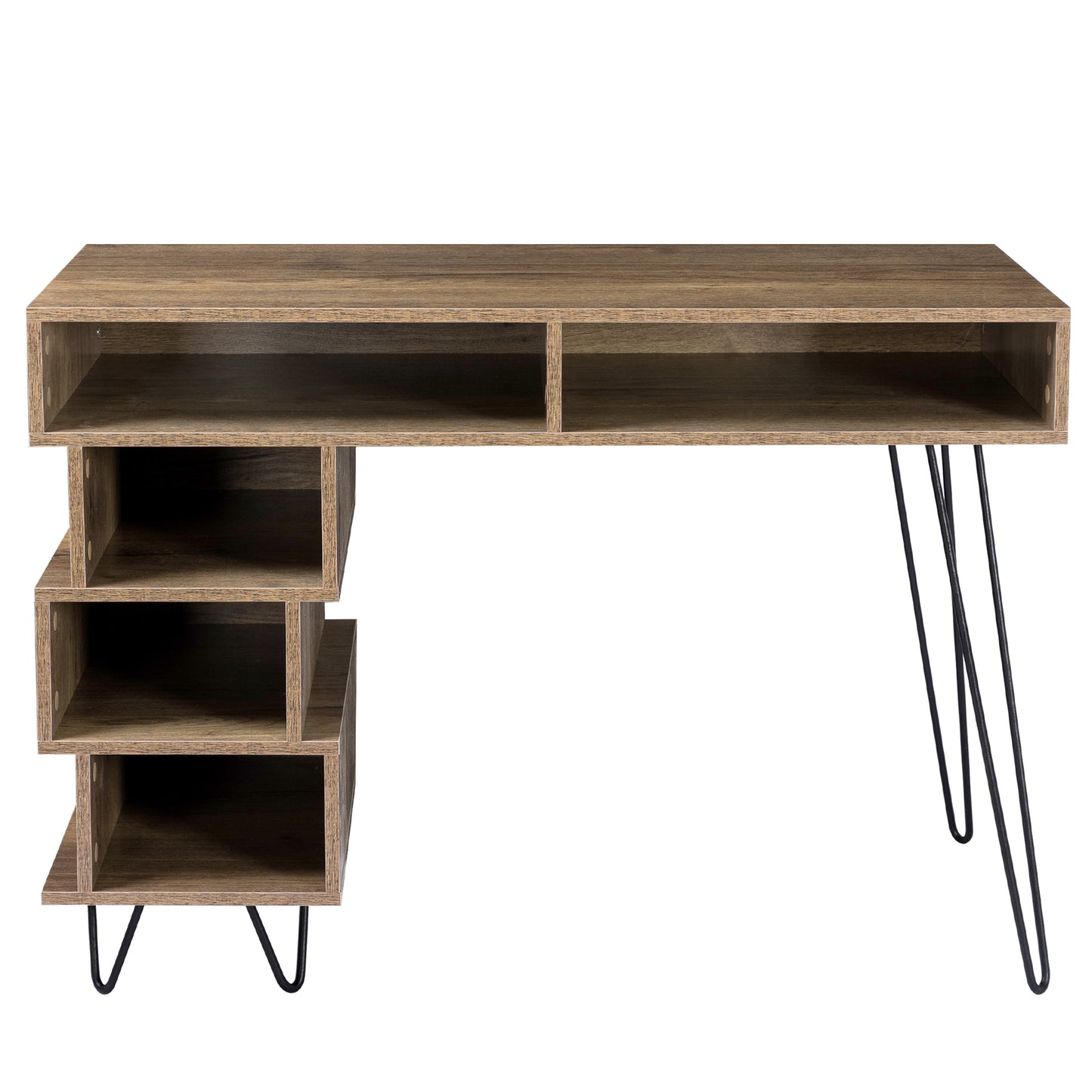 Geometric Brown Computer Desk with V-Shaped Iron Leg and Ample Storage