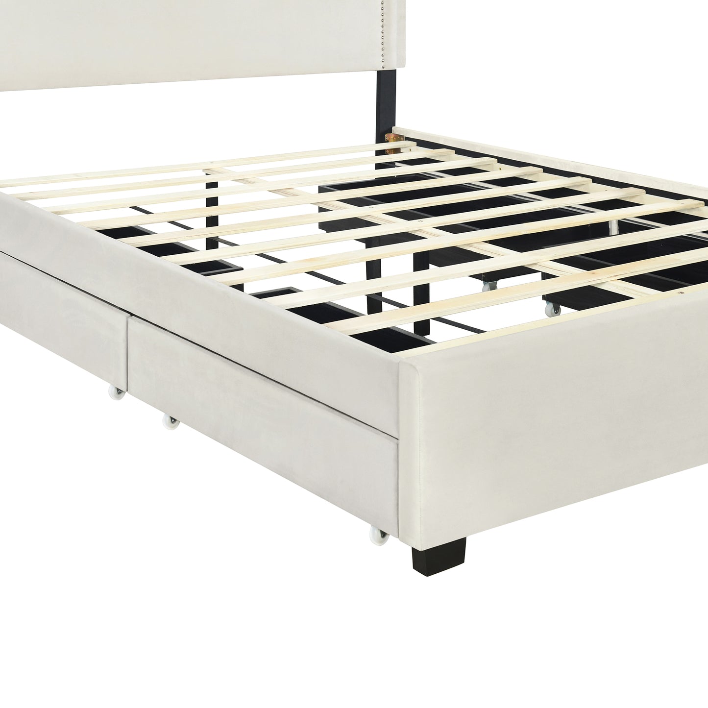 Queen Size Upholstered Platform Bed with Rivet-decorated Headboard, LED bed frame and 4 Drawers, Beige