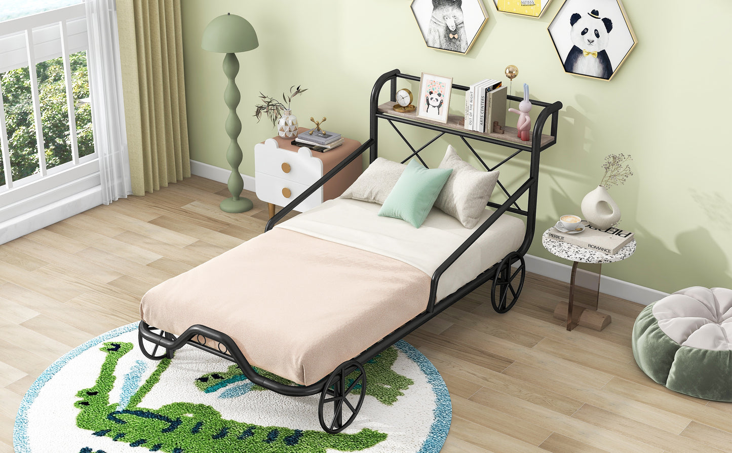 Twin Size Metal Car Bed with Four Wheels, Guardrails and  X-Shaped Frame Shelf, Black(: MF297599AAB)