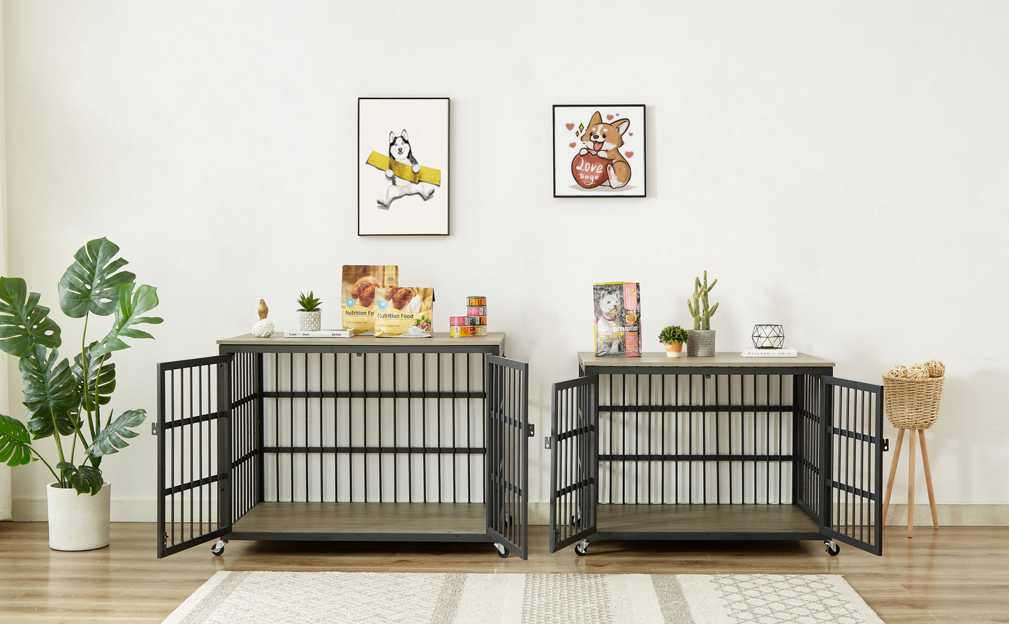 Furniture style dog crate wrought iron frame door with side openings, Grey, 38.4''W x 27.7''D x 30.2''H.