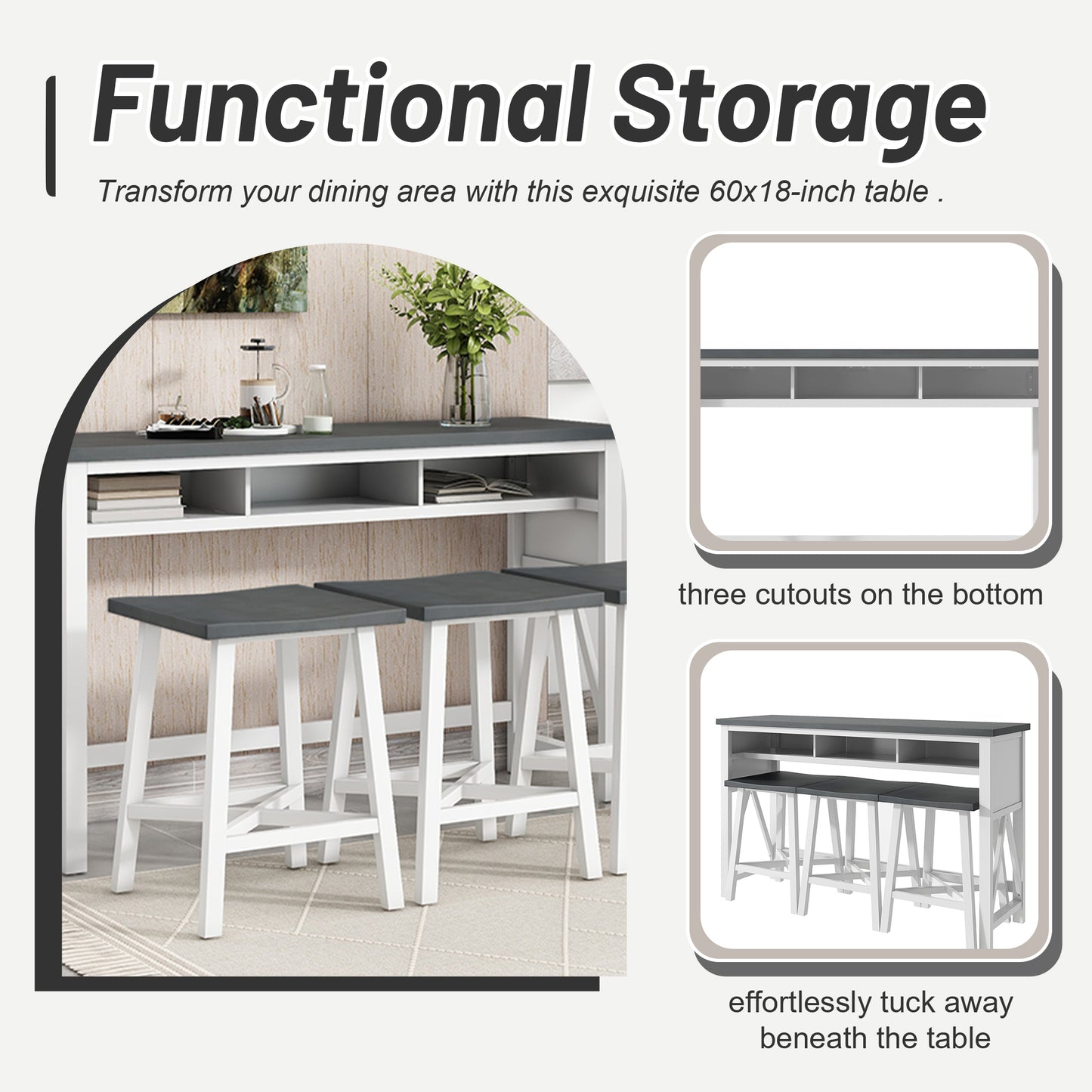 Farmhouse Counter Height 4-Piece Dining Table Set, 60" Console Kitchen Table Set with 3 Stools for Small Places,Gray