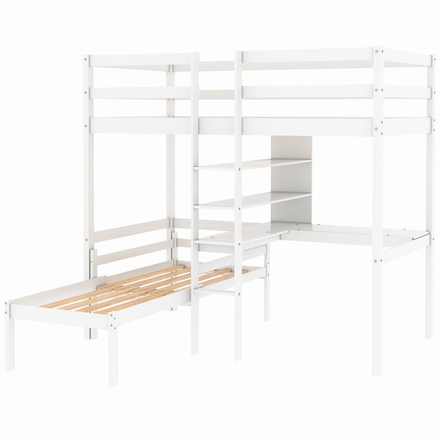 Convertible Loft Bed with L-Shaped Desk and Twin Bunk Bed in White Finish - Space-Saving Bedroom Solution