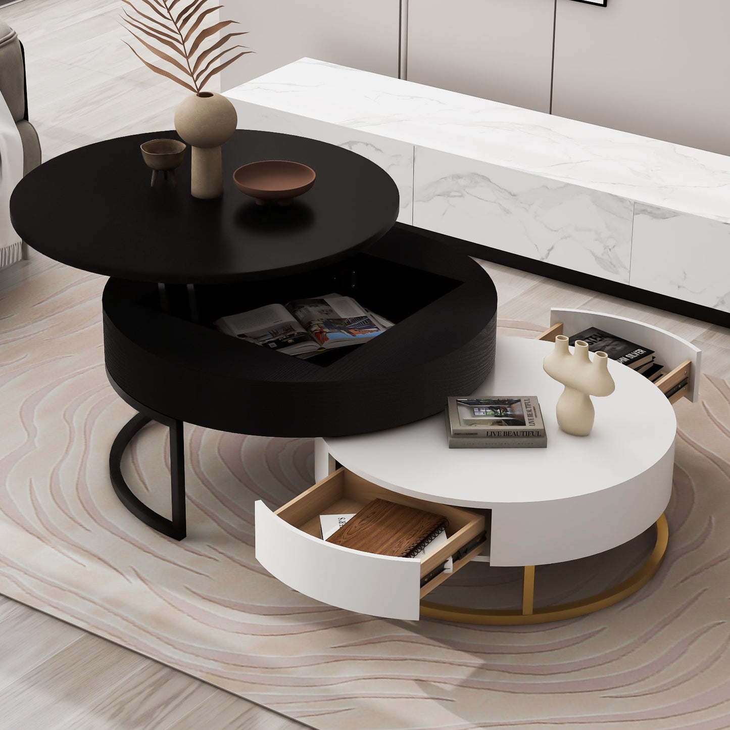 Contemporary 2-Drawer Lift-Top Round Coffee Tables in White & Black