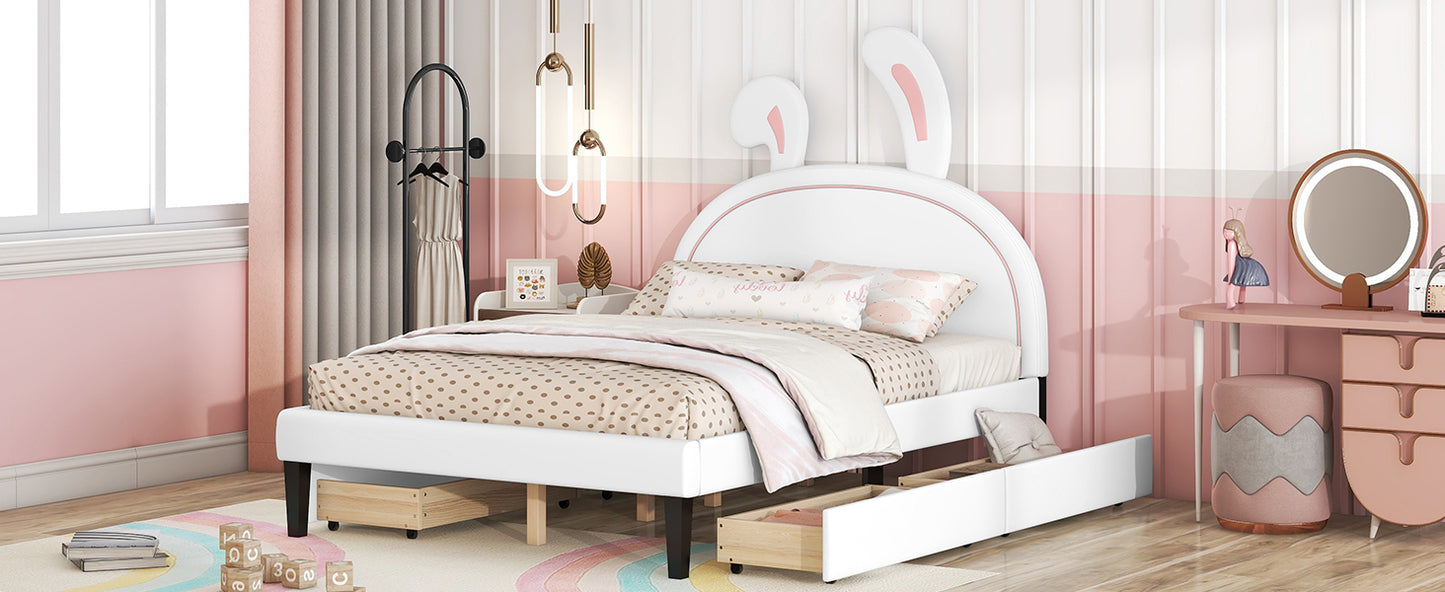 Full Size Upholstered Leather Platform Bed with Rabbit Ornament and 4 Drawers, White