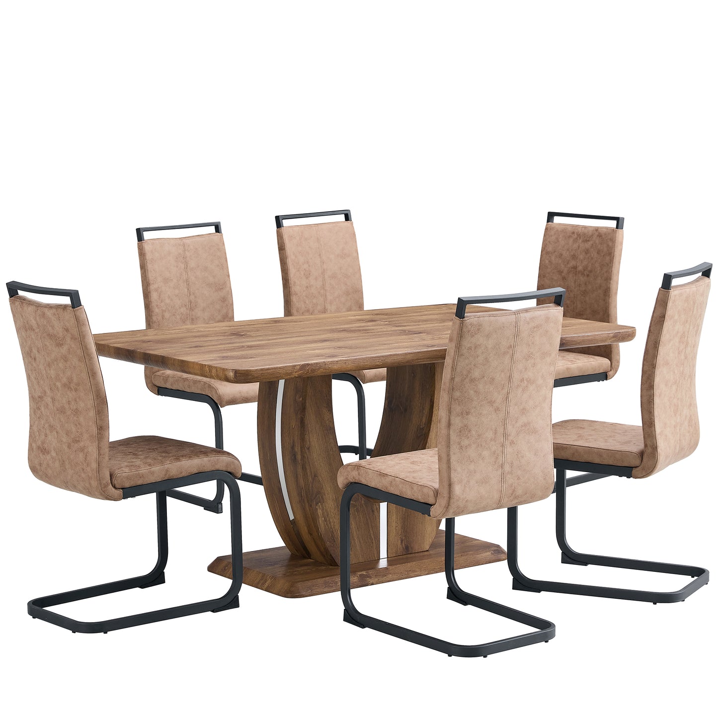 7 Piece Modern Dining Table Set, Rectangular Kitchen Table Set with Wooden Tabletop＆6 Pu Leather Upholstered Chairs Ideal for Dining Room, Kitchen