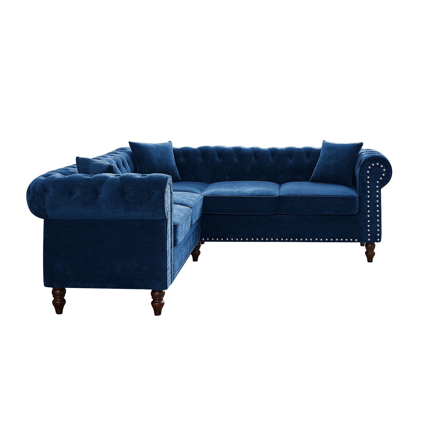 Luxurious Blue Velvet L-shaped Chesterfield Sofa with Deep Button Tufting