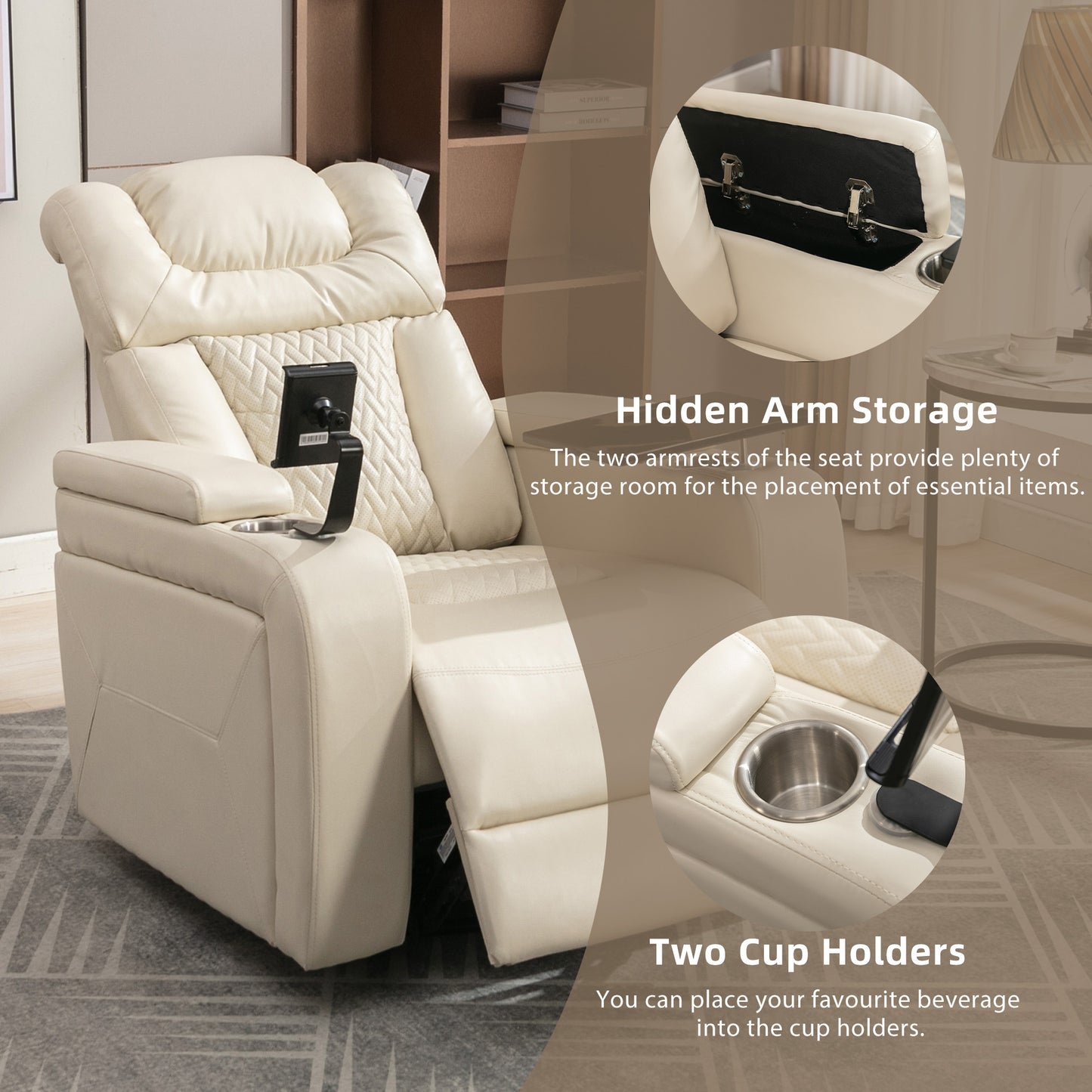 Power Recliner with Swivel, Cup Holder, USB Port, and Tray Table, White