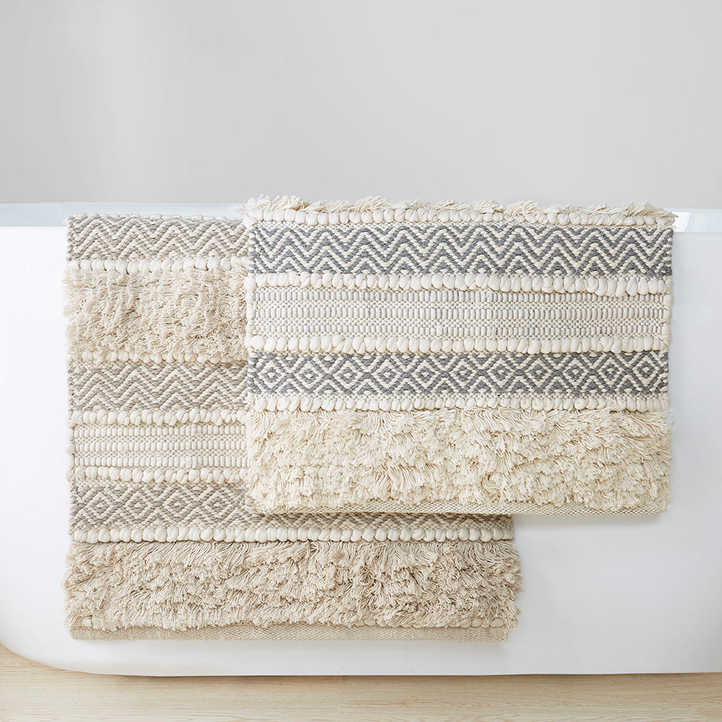 Boho Handwoven Stripe Bath Rug with Textured Natural Design