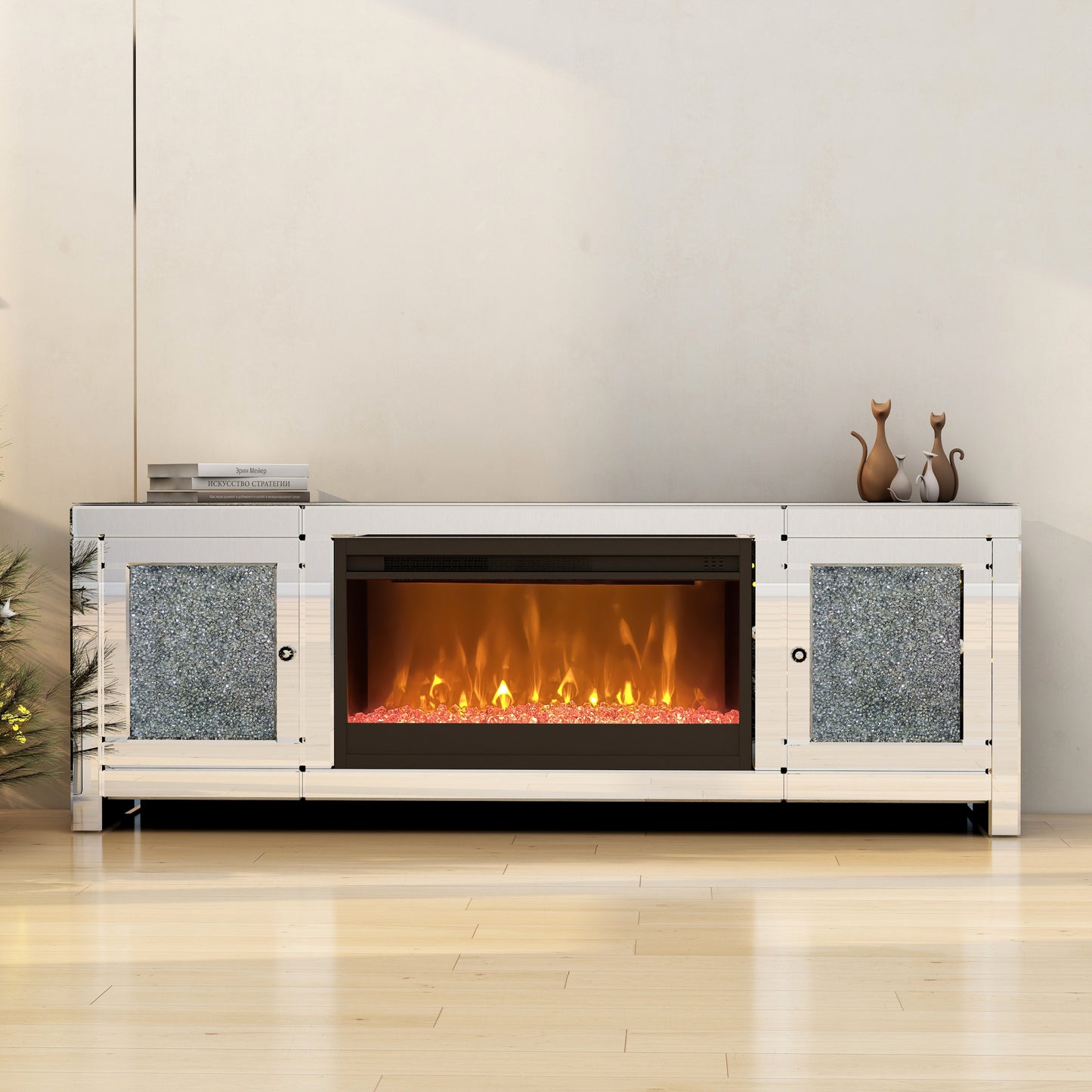 Luxury Mirrored TV Stand with Electric Fireplace and Crystal Decor Doors