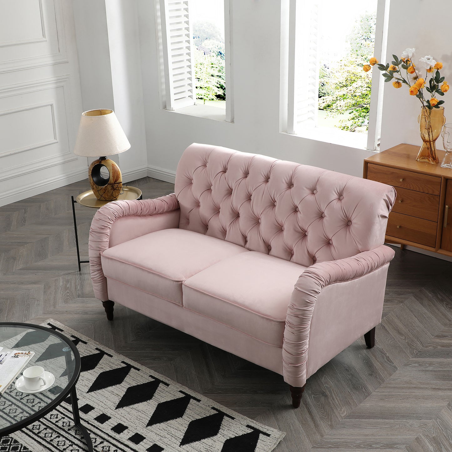 Pink Velvet Chesterfield 2-Seater Modern Sofa