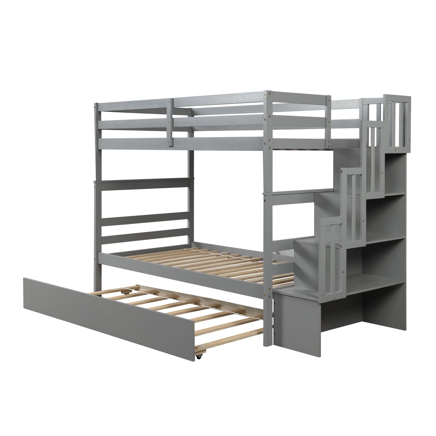 Gray Twin Bunk Beds With Trundle, Stairway Storage, and Modern Design