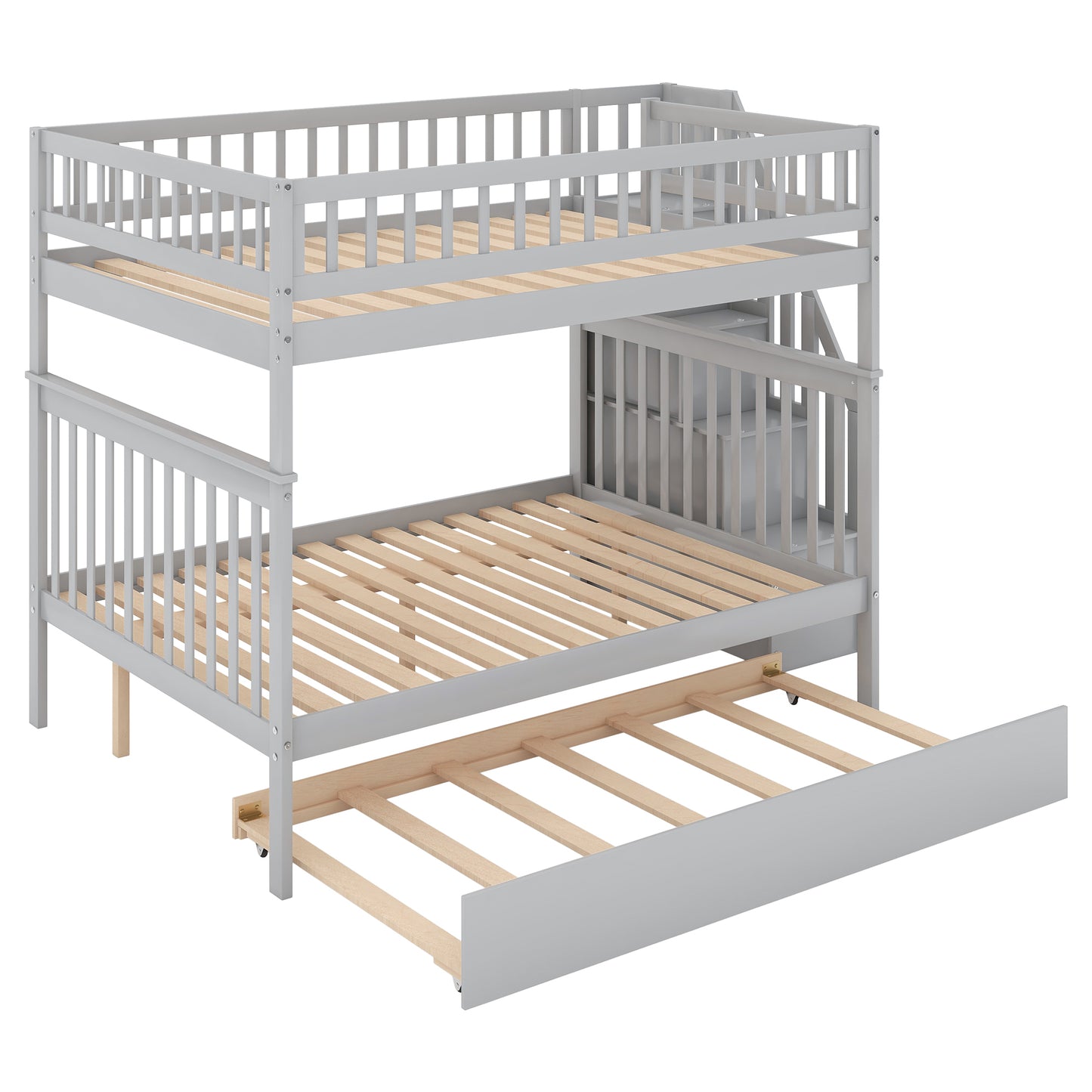 Gray Triple Sleeper Bunk Bed with Trundle and Staircase