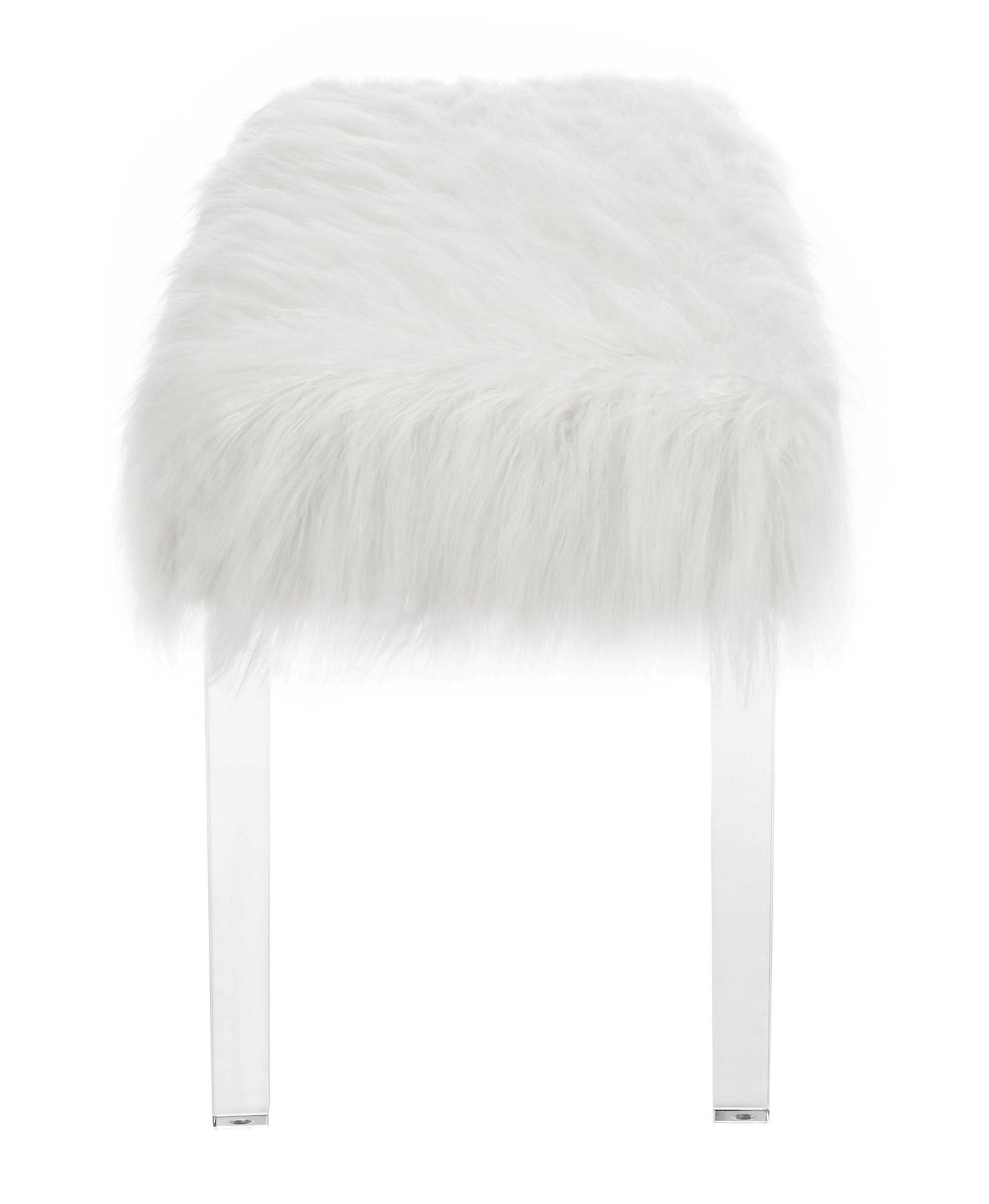 1pc White Glam Accent Bench with Faux Fur Seat Transparent Legs