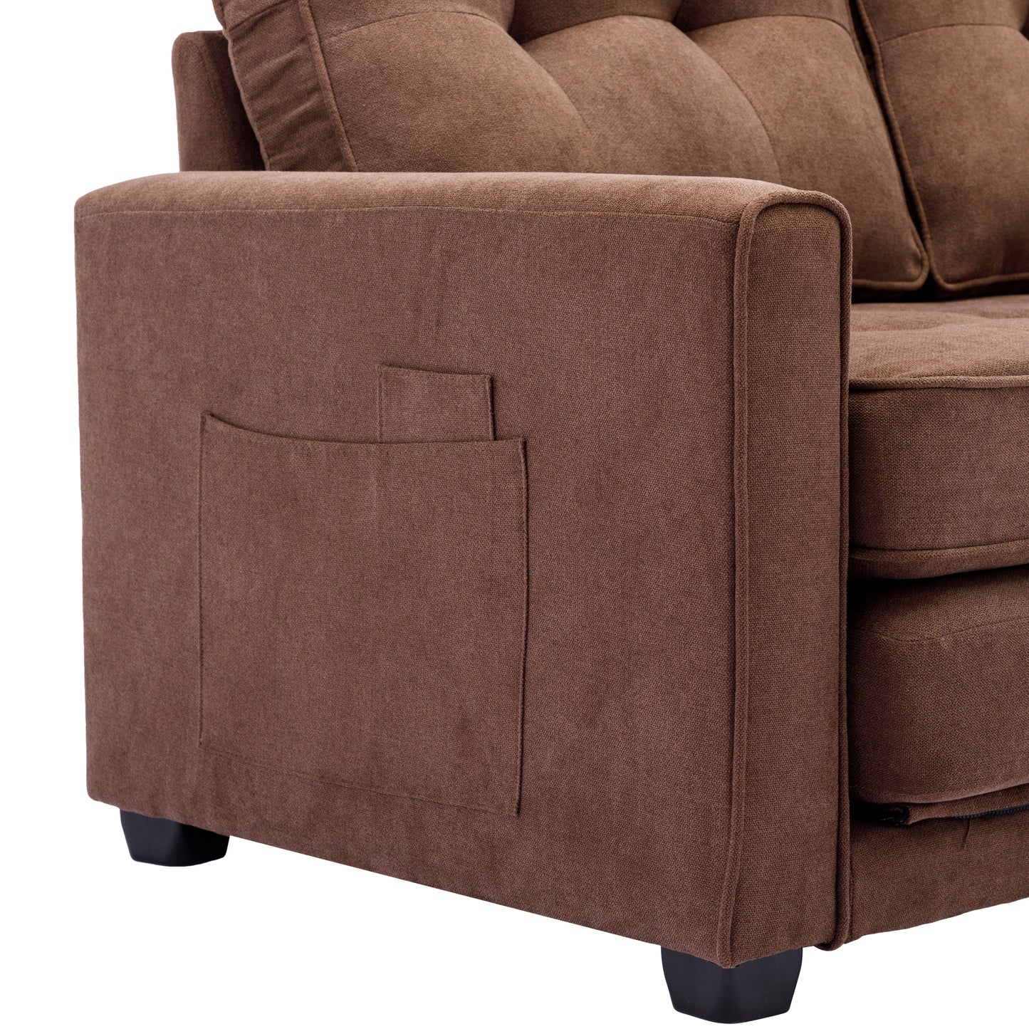 59.4 Pull-Out Loveseat Sofa Bed with Side Pocket, Brown Chenille Upholstered Couch