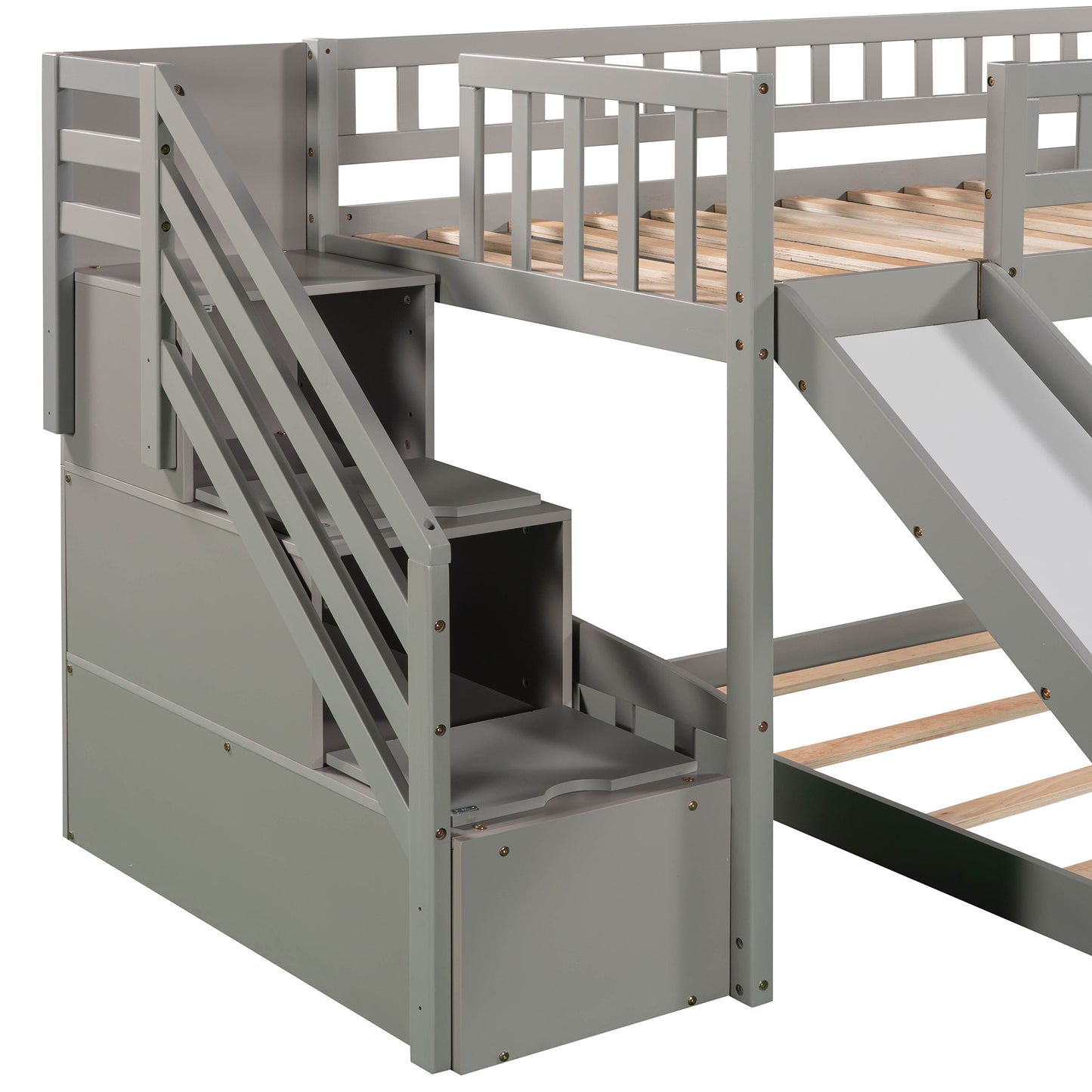 Gray Twin Bunk Bed with Slide, Drawers, and Playful Features