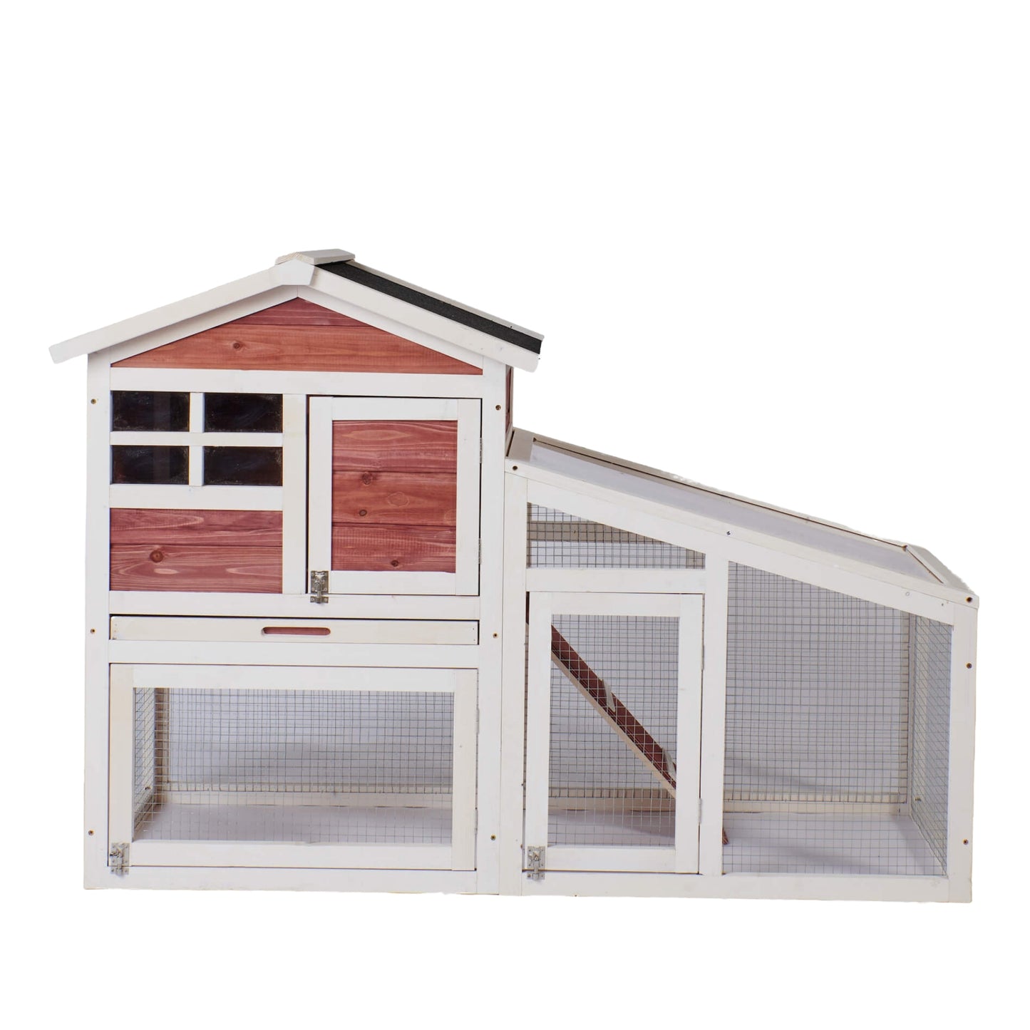 Rabbit Hutch Indoor Outdoor, Wooden Chicken Coop, Bunny Cage Hen House with Run, Ventilation Door, Removable Tray, Ramp, Sunlight Panel, Backyard Garden Animals Pet Cage Auburn