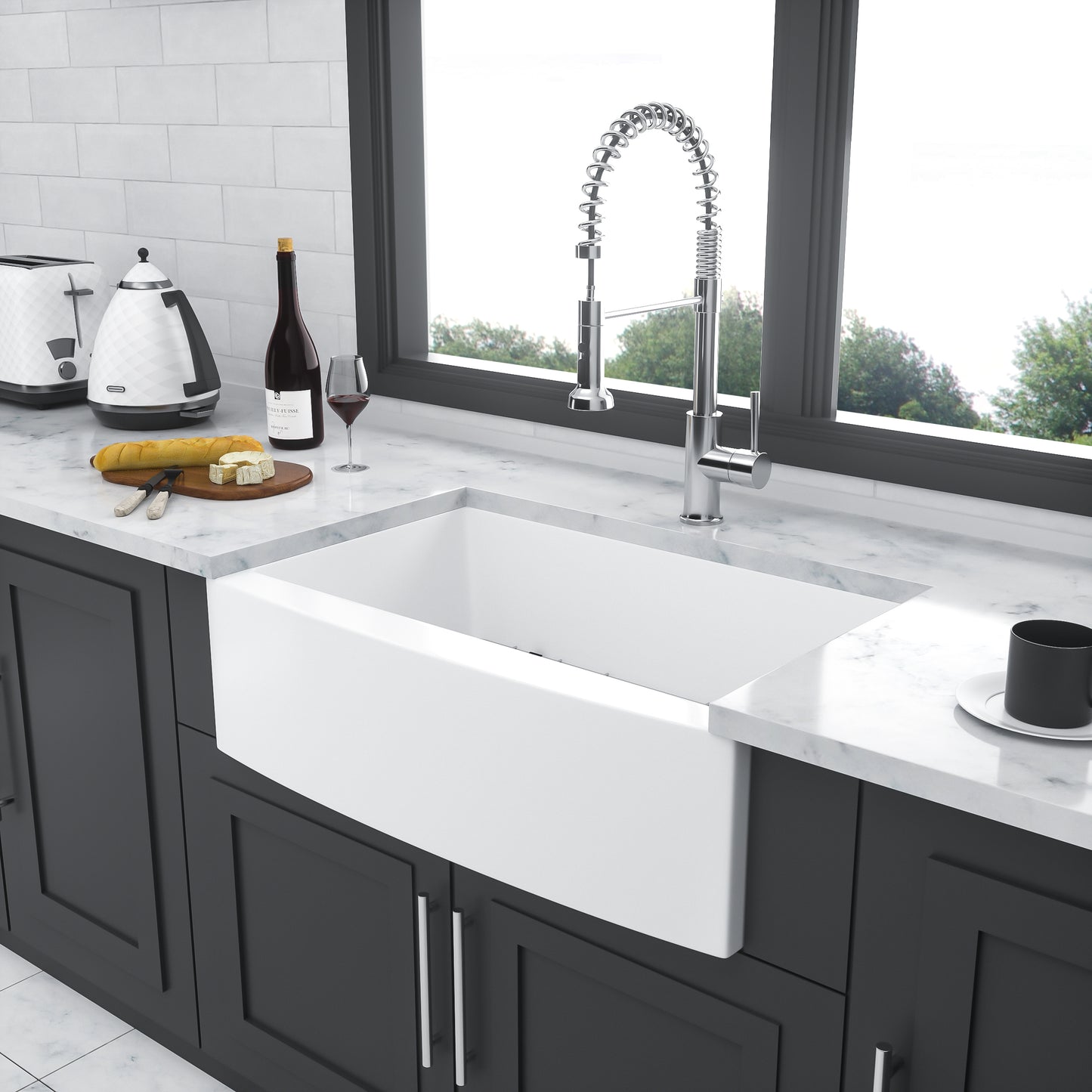 30-Inch White Ceramic Farmhouse Kitchen Sink with Arch Edge and Stainless Steel Accessories