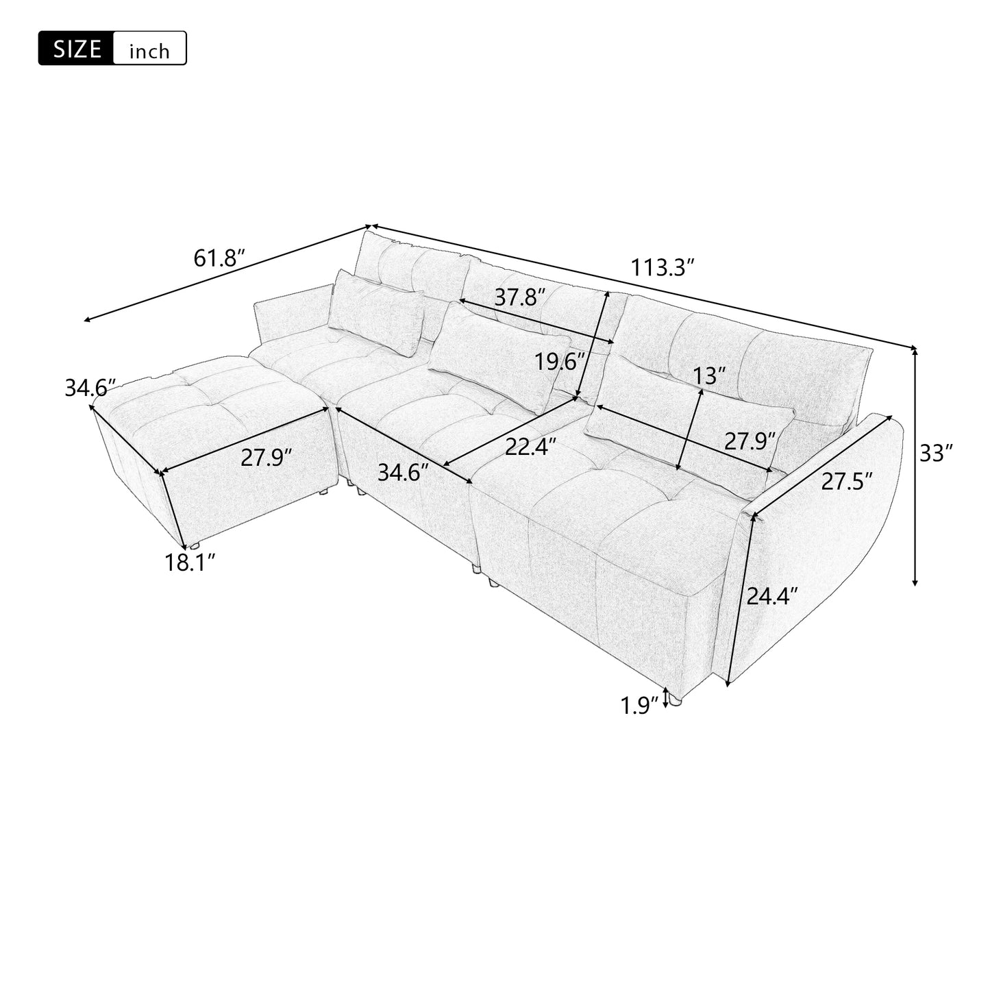 Convertible L-Shaped Sectional Sofa with Movable Ottoman and USB Ports