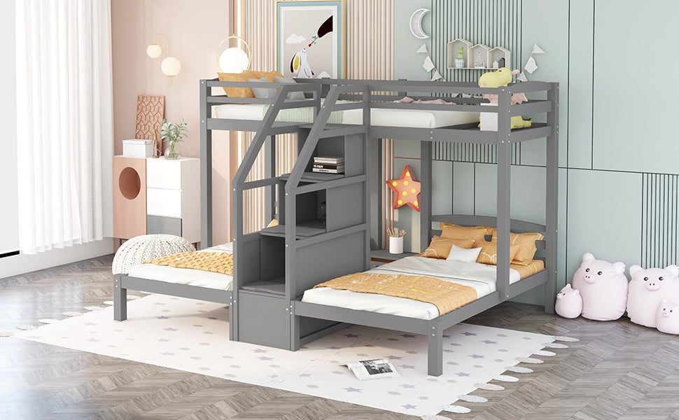 Gray Triple Twin Bunk Bed with Staircase and Storage Drawer