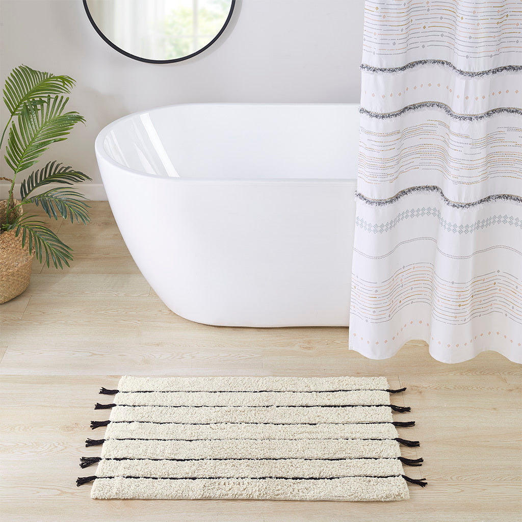 Striped Cotton Bath Mat with Tassel Detail