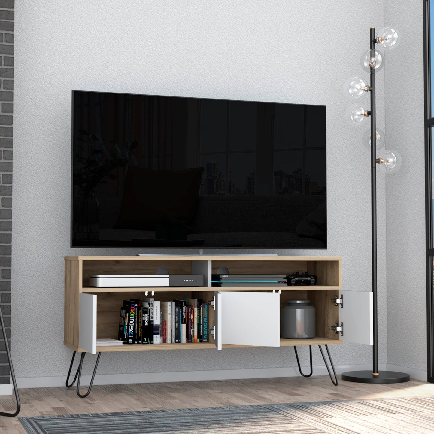 Vassel TV Stand with Hairpin Legs and Double Cabinets in Aged Oak / White Color Scheme