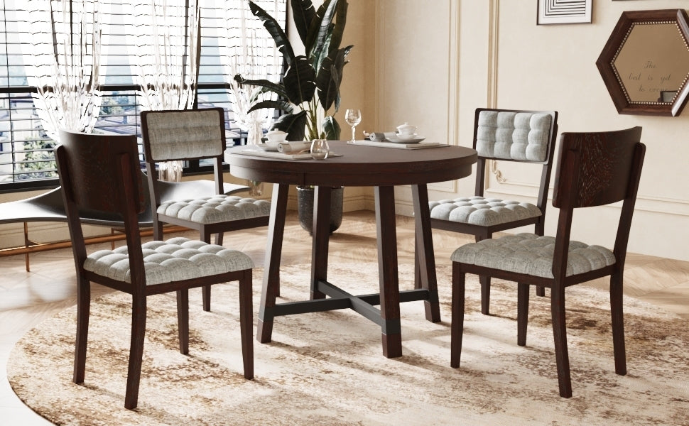 Rustic 42inch Round Dining Table Set with Cross Legs and Upholstered Dining Chairs for Small Places, Espresso