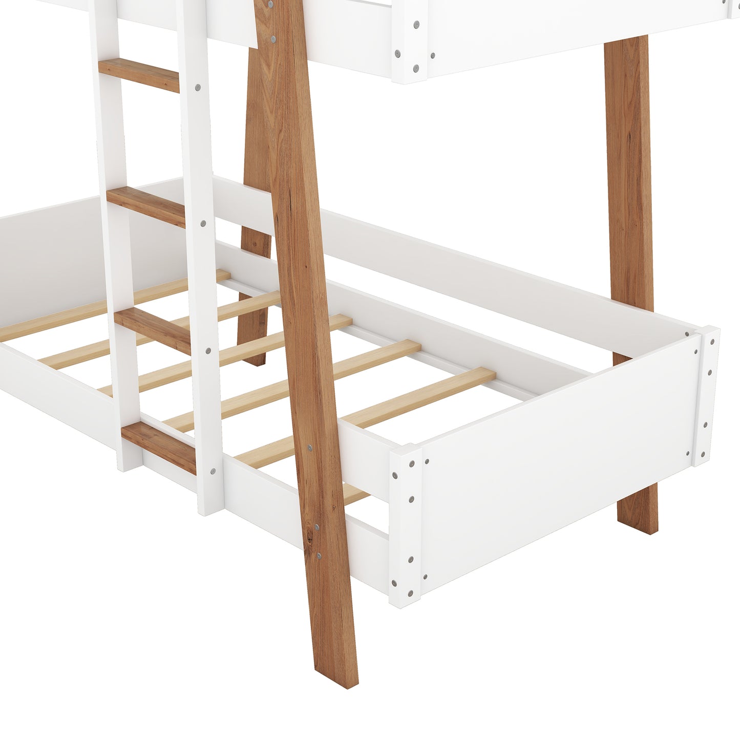 Rustic White Twin Size Bunk Bed with Wooden Columns and Attached Ladder