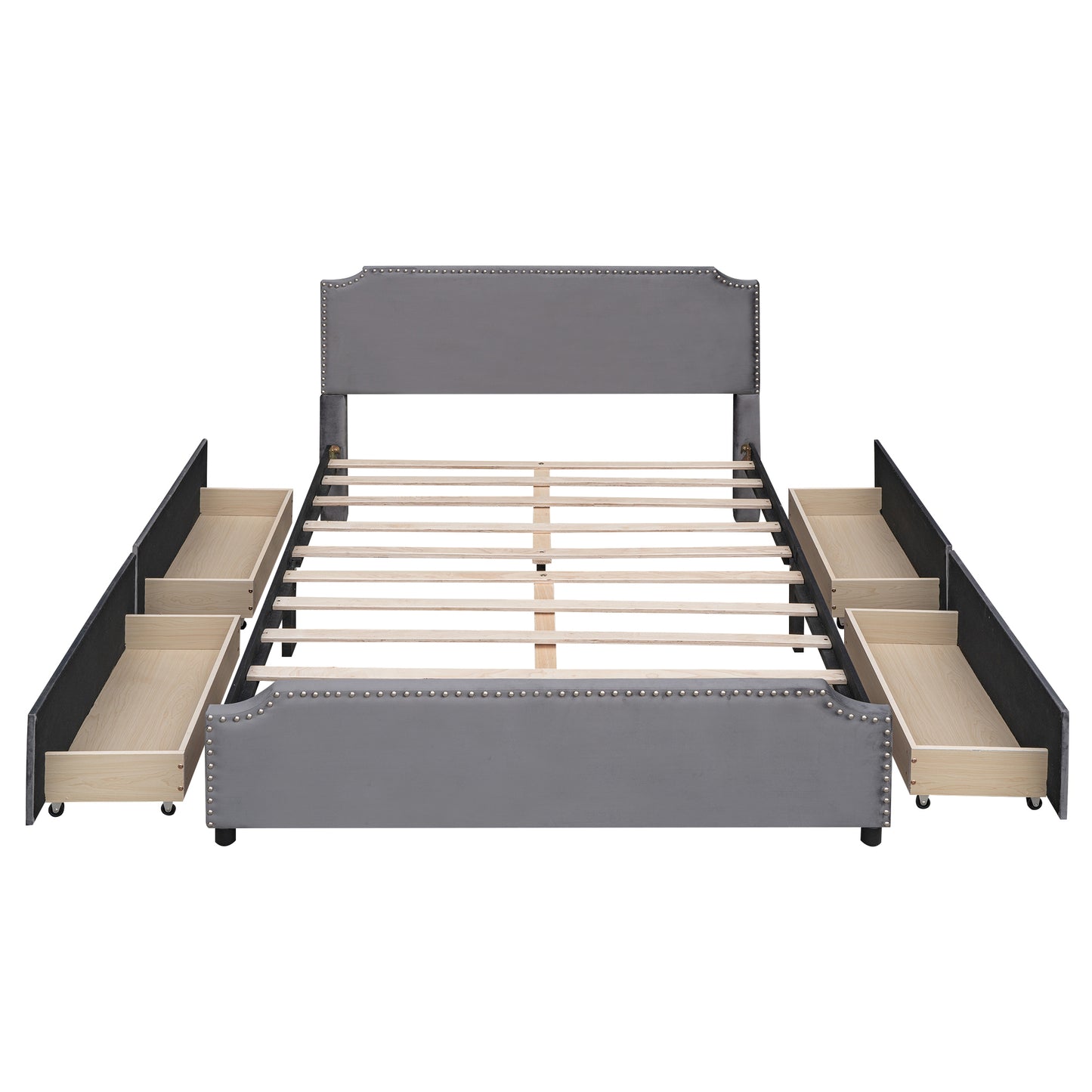 Upholstered Platform Bed with Stud Trim Headboard and Footboard and 4 Drawers No Box Spring Needed, Velvet Fabric, Queen Size (Gray)