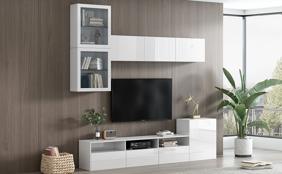 Elegant High Gloss TV Stand with Versatile Storage Cabinets, Media Console for TVs Up To 75, White