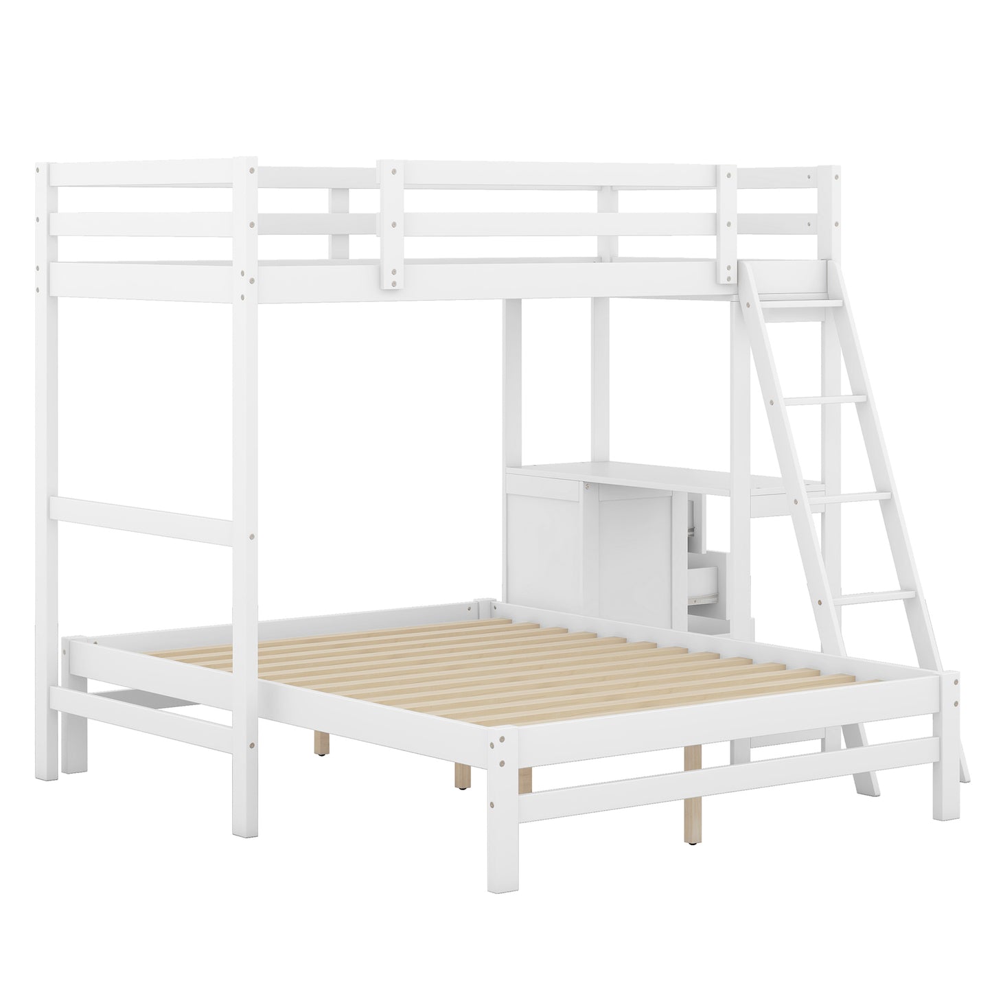 White Loft Bunk Bed with Built-in Desk and Storage