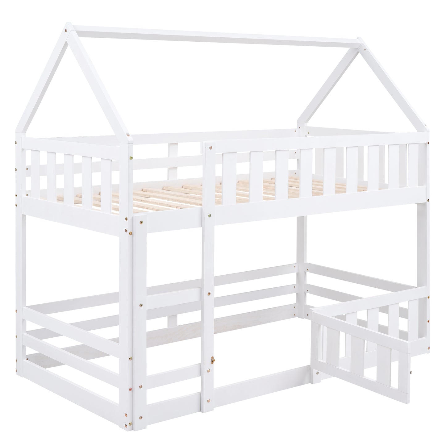 Enchanted White Twin over Twin House Bunk Bed with Playful Fence and Entryway