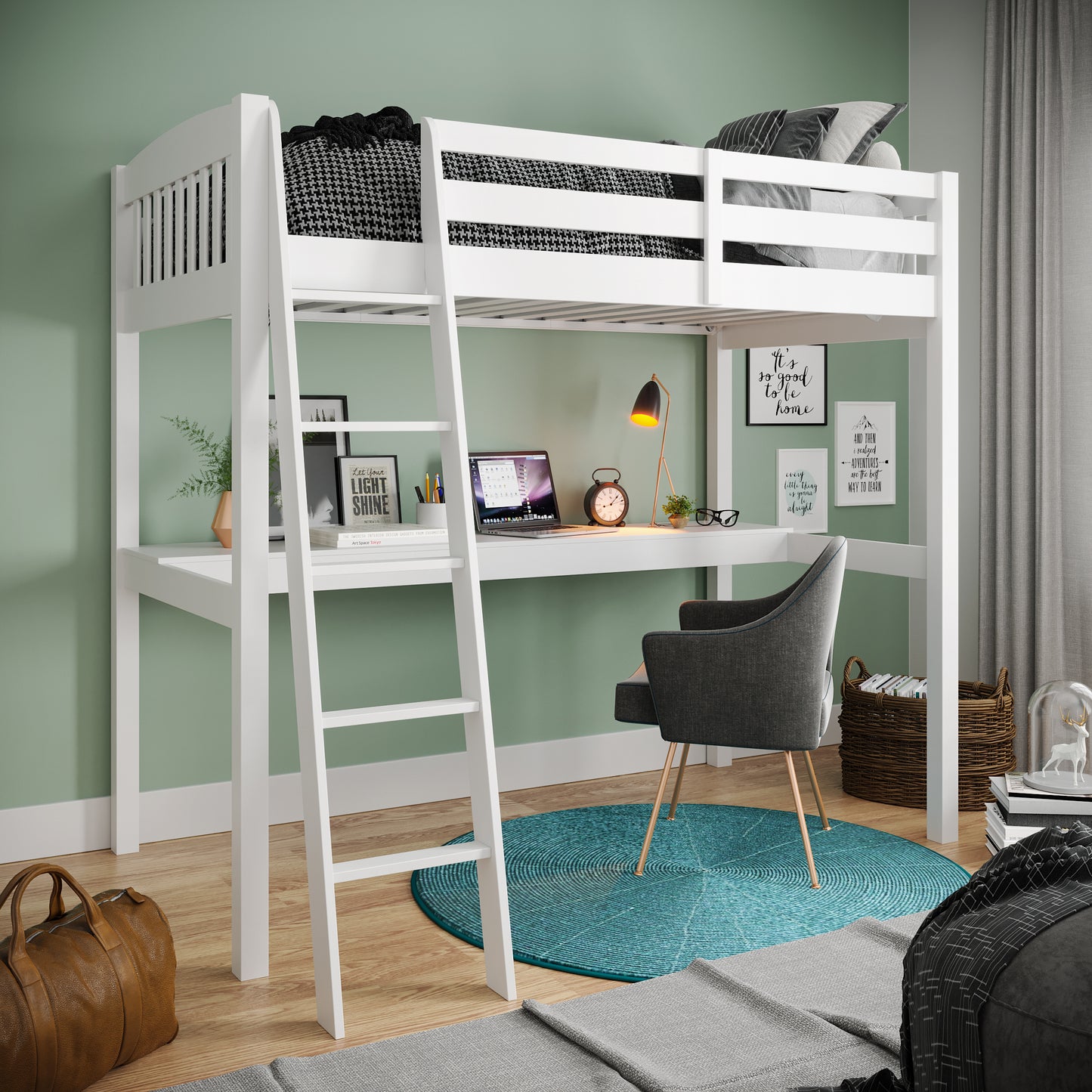 Everest White High Loft Bed with Desk and Storage, Heavy Duty Solid Wood Full Size Loft Bed Frame with Stairs for Kids and Toddlers, No Box Spring Needed