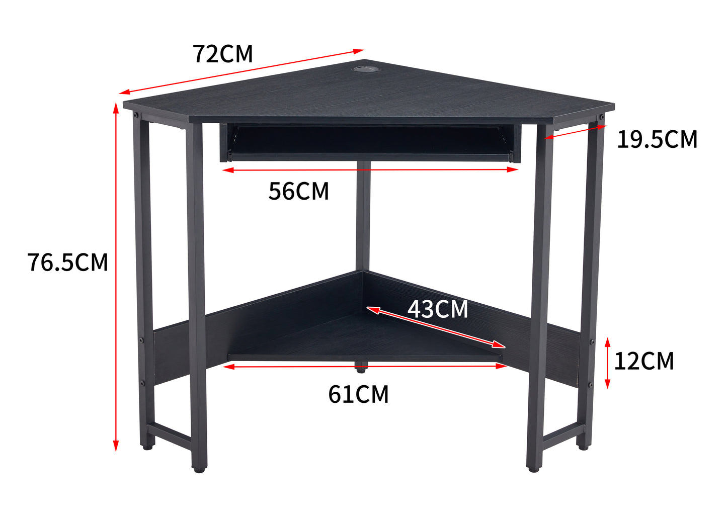 Sleek Black Triangle Desk with Keyboard Tray and Storage Shelves