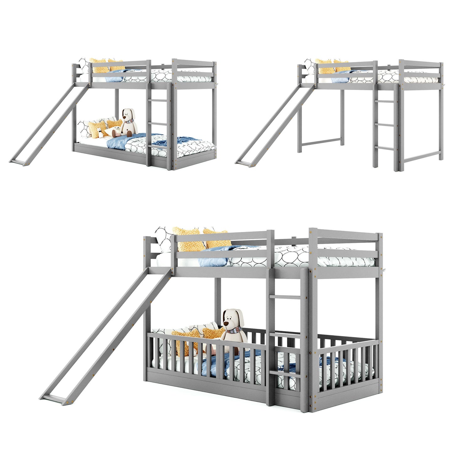 Gray Twin Bunk Bed with Slide, Ladder, and Space-Saving Design for Cozy Bedrooms