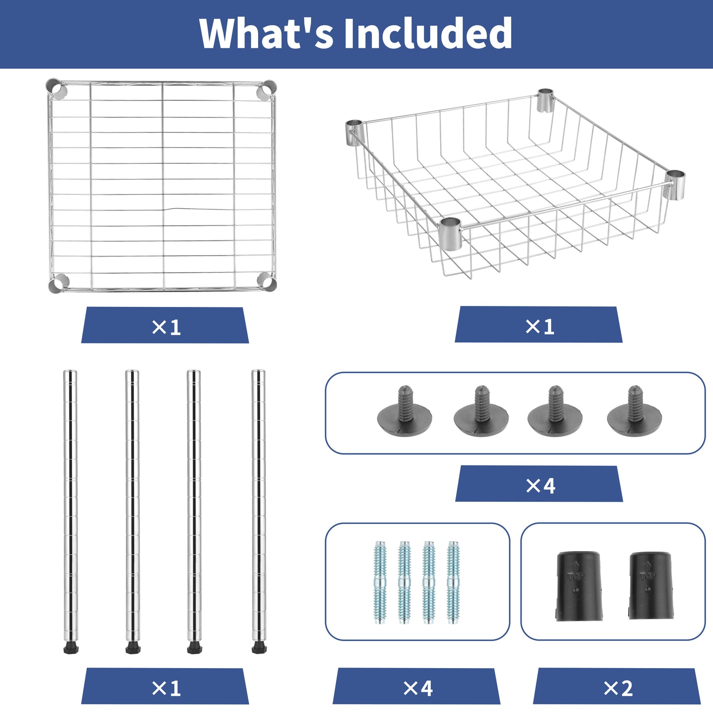 Heavy Duty Shelving Unit, Wire Metal Stackable Storage, 1-Tier Shelf, with Basket, Chrome, 15" W x 13.8" D x 15" H