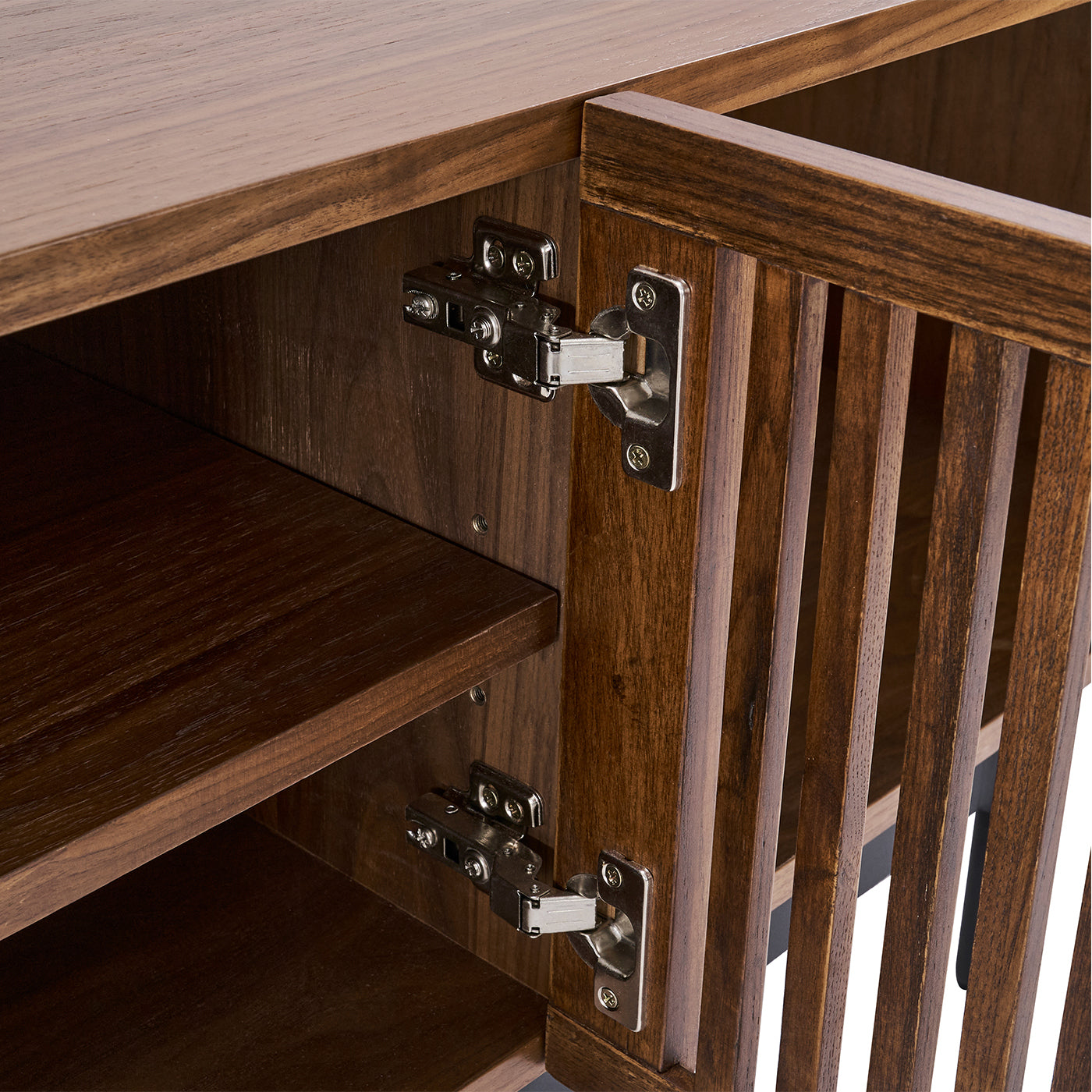 Mid-Century Black and Walnut Wood TV Stand with Wire Management