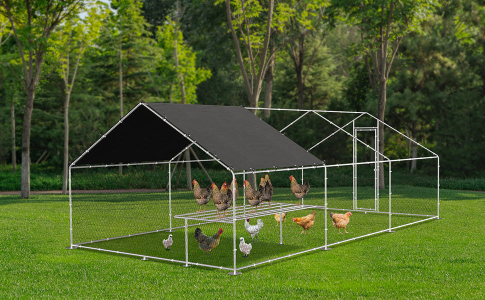 Large metal chicken coop, walk-in chicken coop, galvanized wire poultry chicken coop, rabbit duck coop with waterproof and UV protection cover for outdoor, backyard and farm. 9.8' W x 19.7' D x 6.6' H