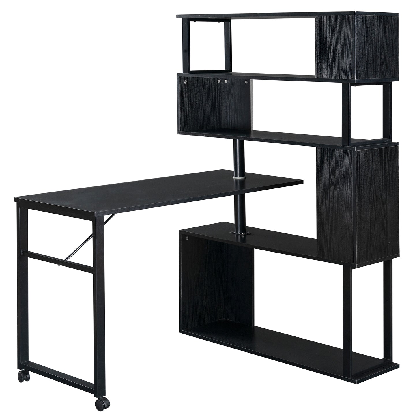 Modern L-Shaped Home Office Desk with Rotating Bookshelf and Lockable Casters