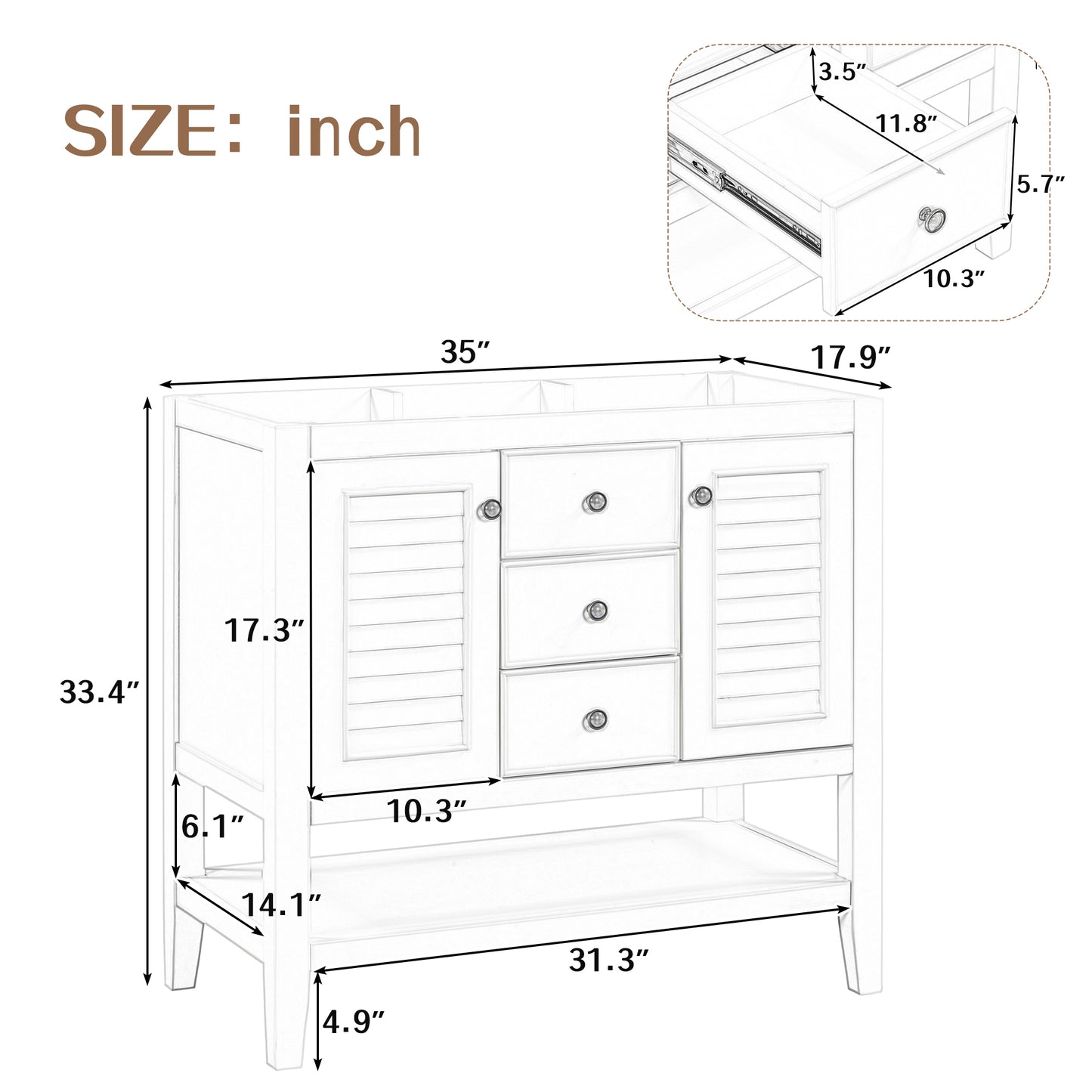 36" Bathroom Vanity without Sink, Cabinet Base Only, Two Cabinets and Drawers, Open Shelf, Solid Wood Frame, White