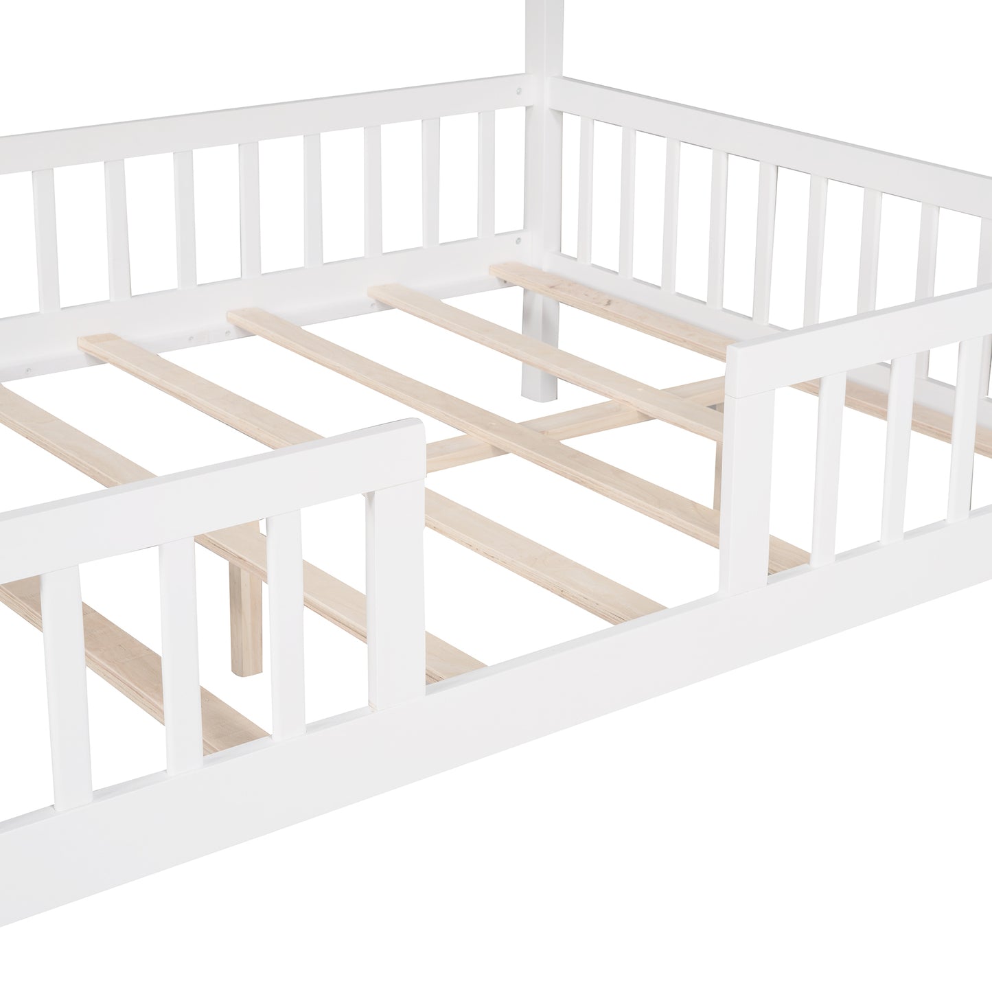 Full Size Wood House Bed with Fence, White+Gray