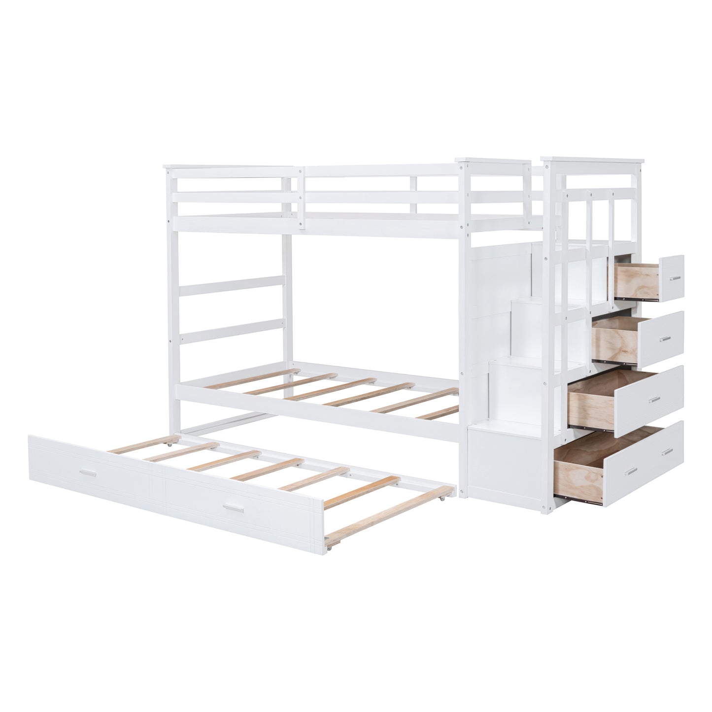 White Twin Over Twin Bunk Bed with Trundle, Staircase, and Storage Drawers