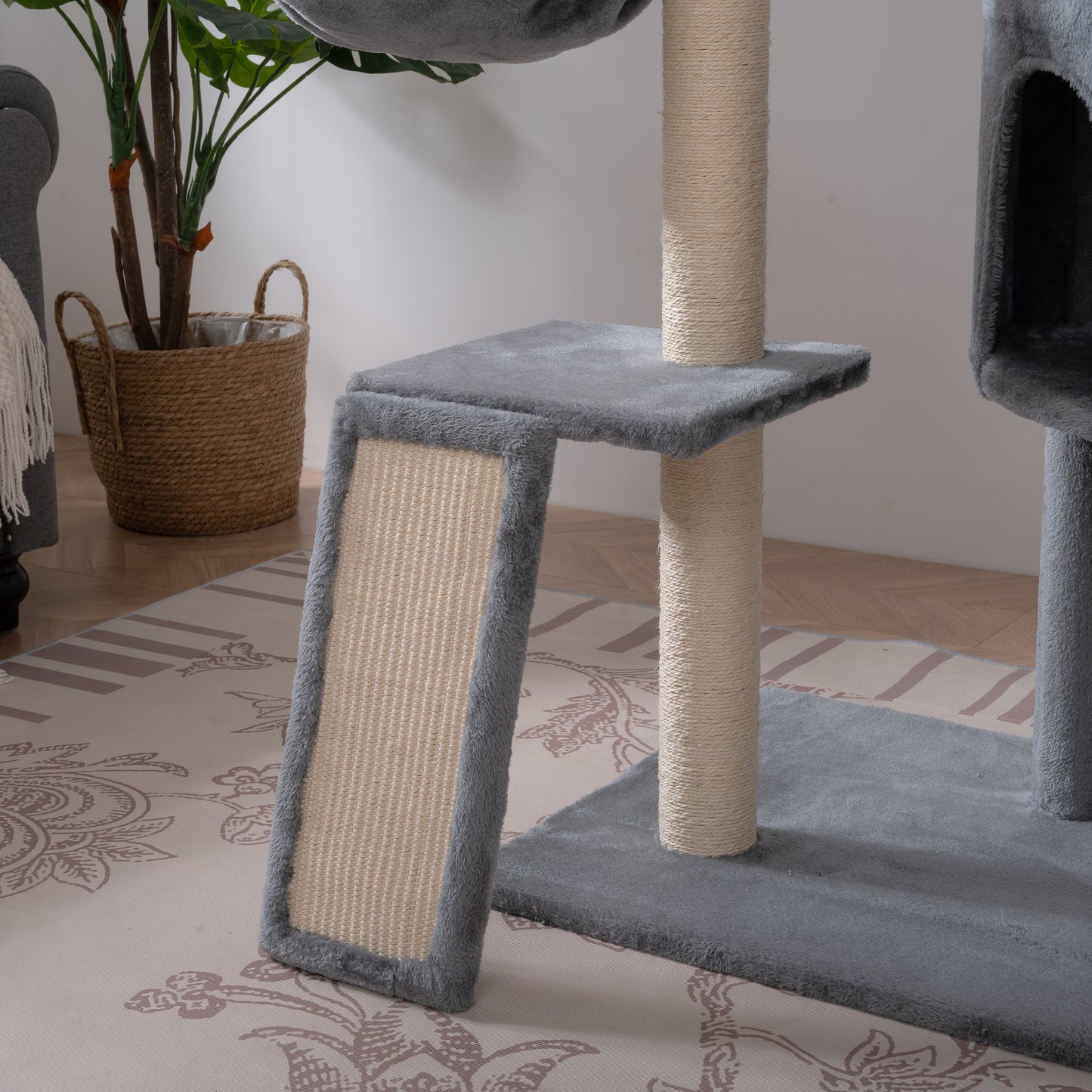 Cat Tree, 105-Inch Cat Tower for Indoor Cats, Plush Multi-Level Cat Condo with 3 Perches, 2 Caves, Cozy Basket and Scratching Board, GRAY COLOR