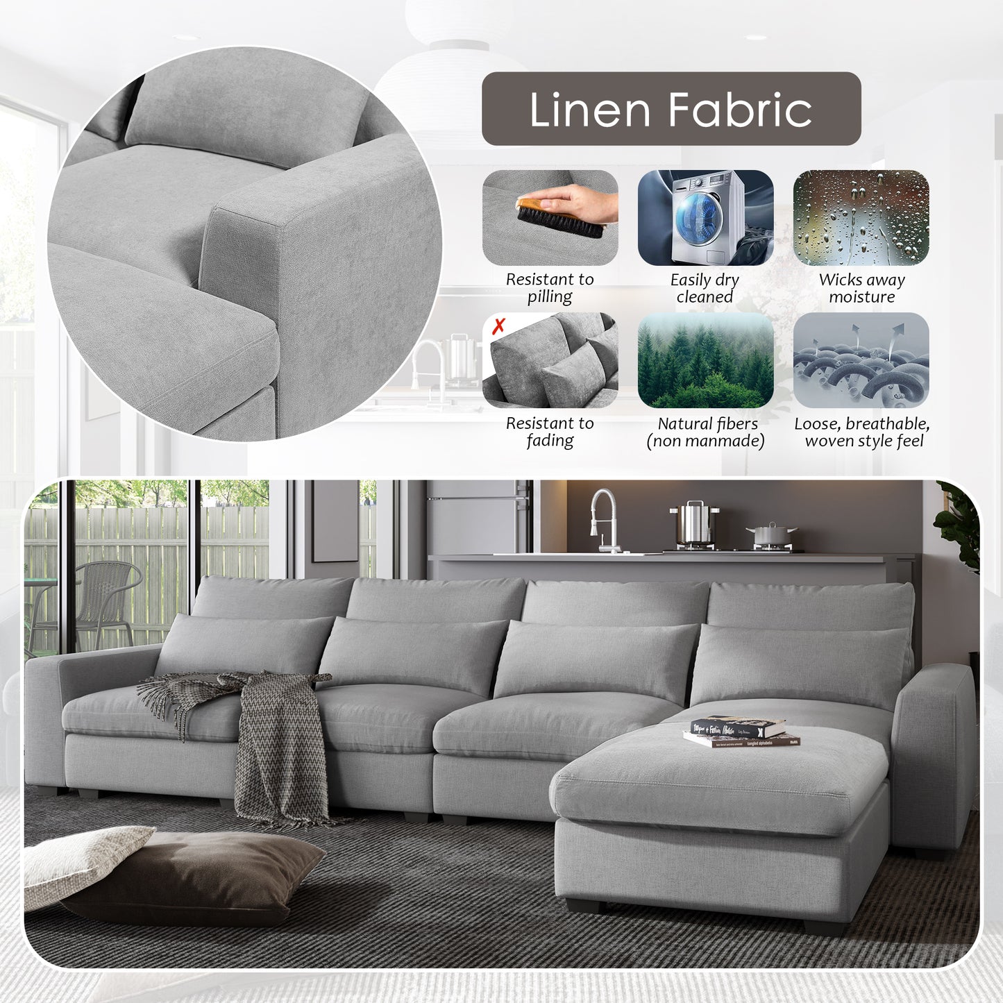 U_Style Modern Large L-Shape Feather Filled Sectional Sofa,  Convertible Sofa Couch with Reversible Chaise for Living Room