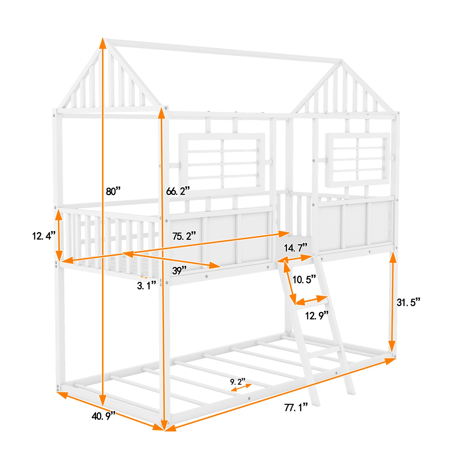 Rustic White Metal Twin Bunk Beds with Roof and Fence Guardrail