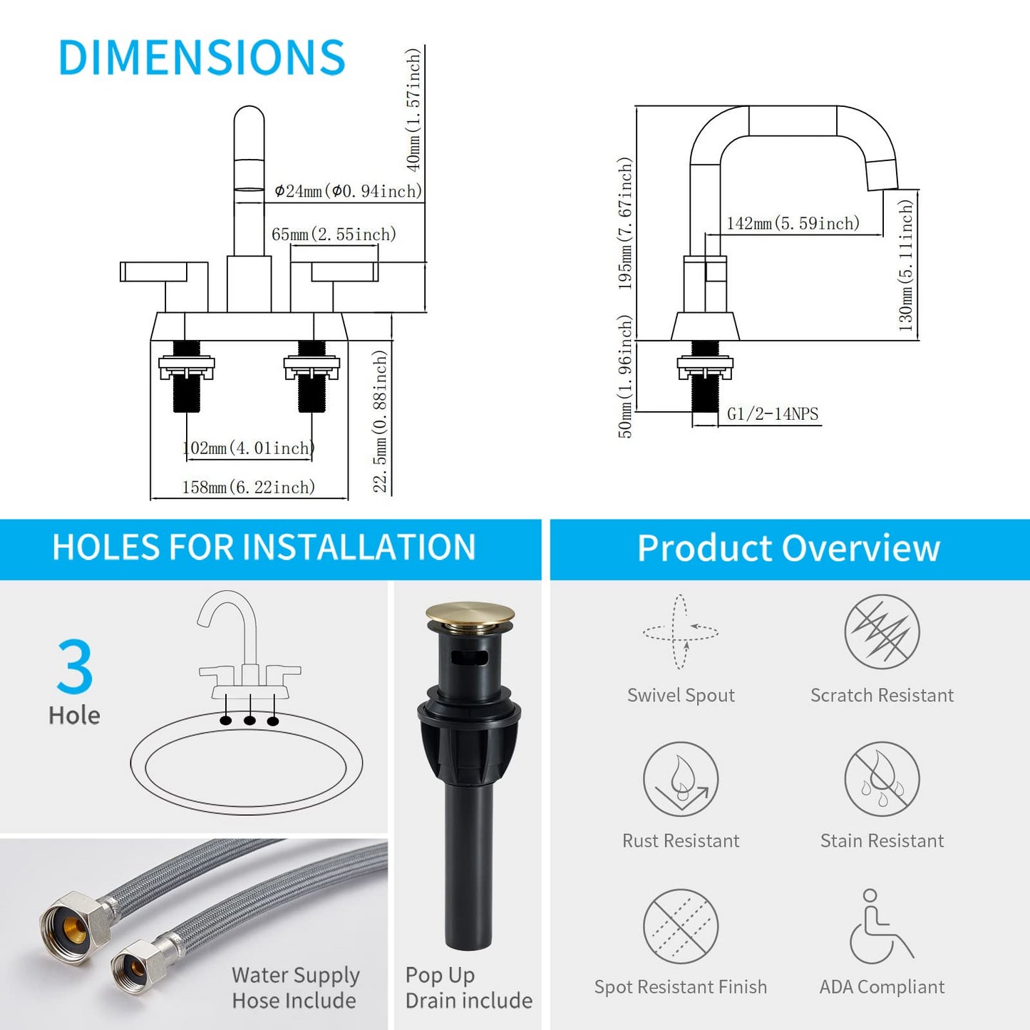 Modern Brushed Gold Bathroom Faucet with 2 Handles and Pop Up Drain