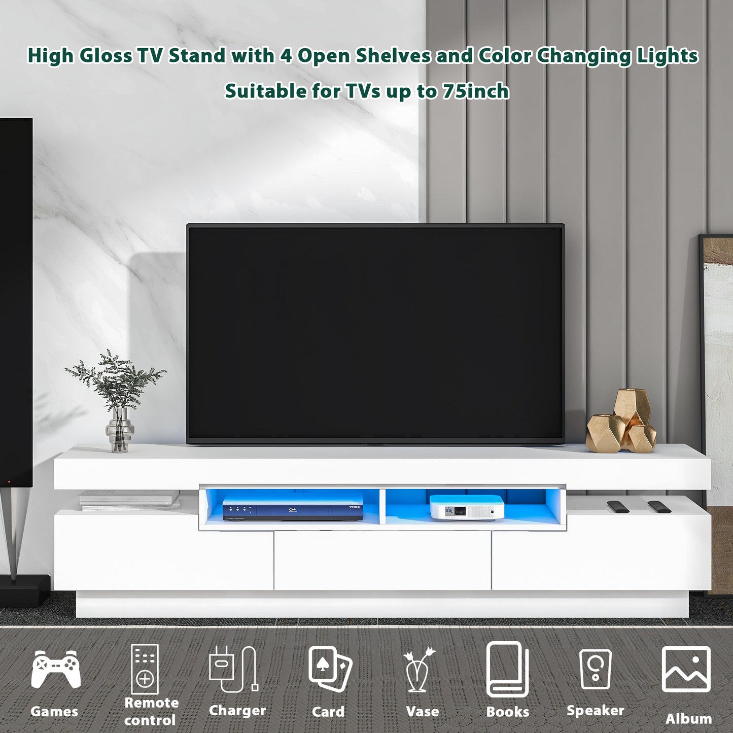 Sleek White TV Stand with Multi-Color LED Lights and Storage for 75 Inch TV