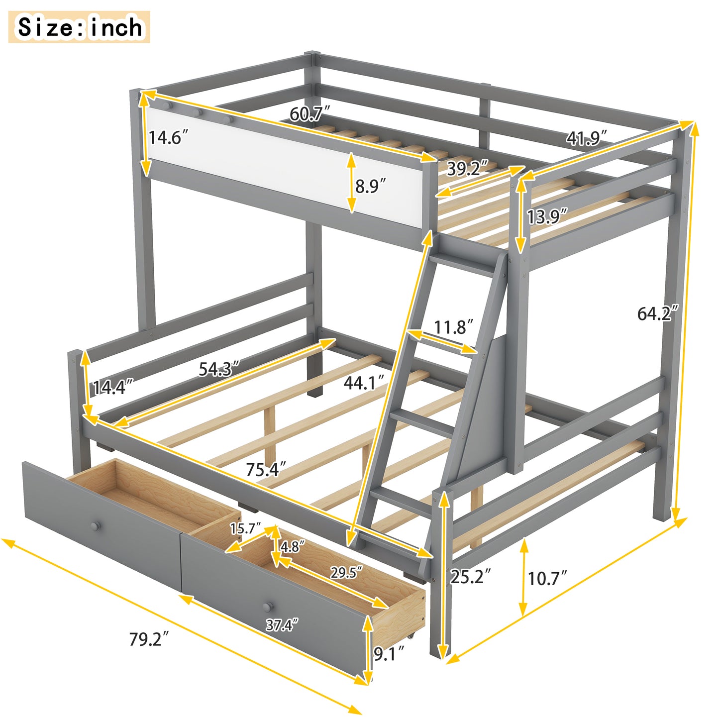 Grey Wood Twin over Full Bunk Bed with Whiteboard, 3 Hooks, and 2 Drawers - Innovative Storage Solution Twin over Full Bunk Bed