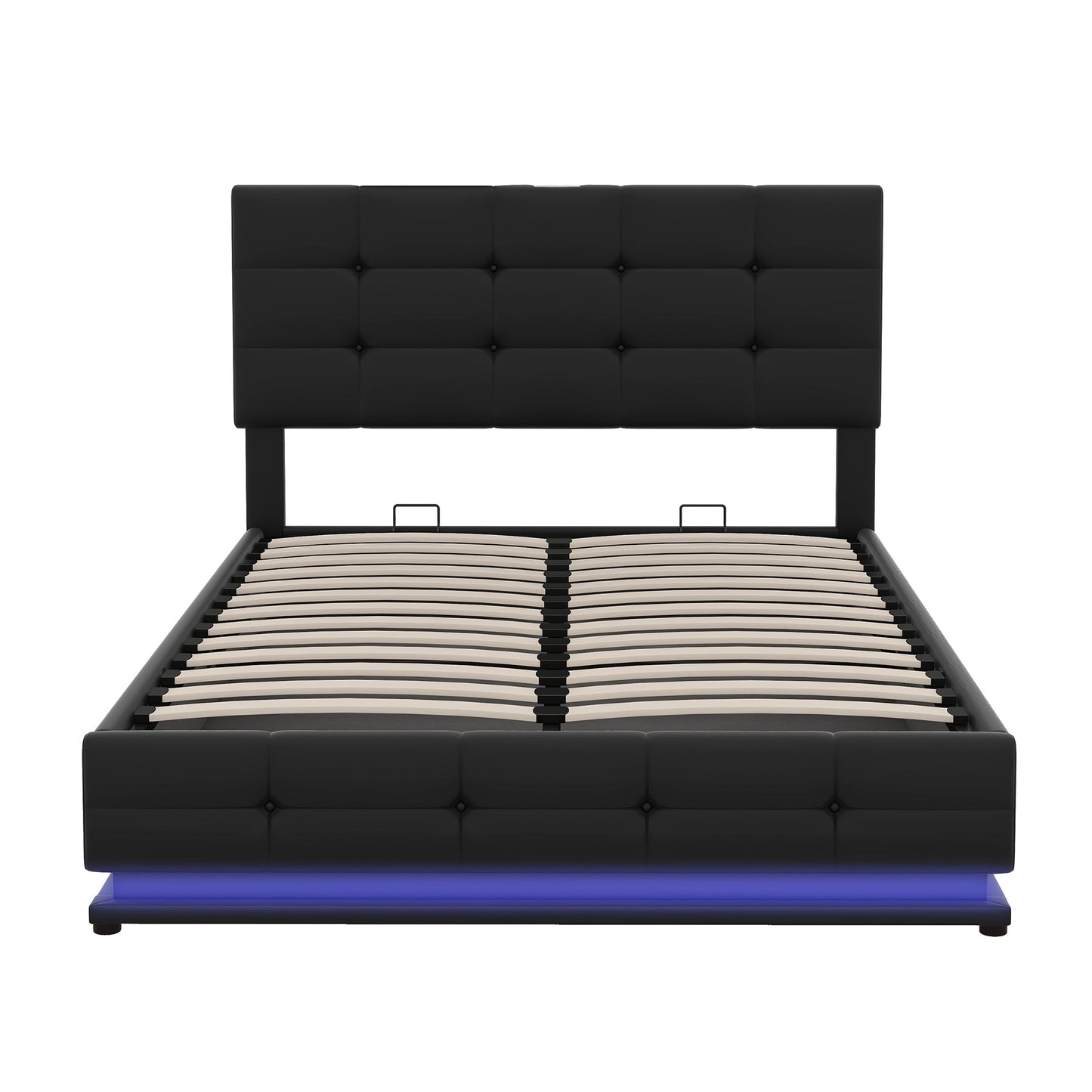 Full Size Tufted Upholstered Platform Bed with Hydraulic Storage System,PU Storage Bed with LED Lights and USB charger, Black