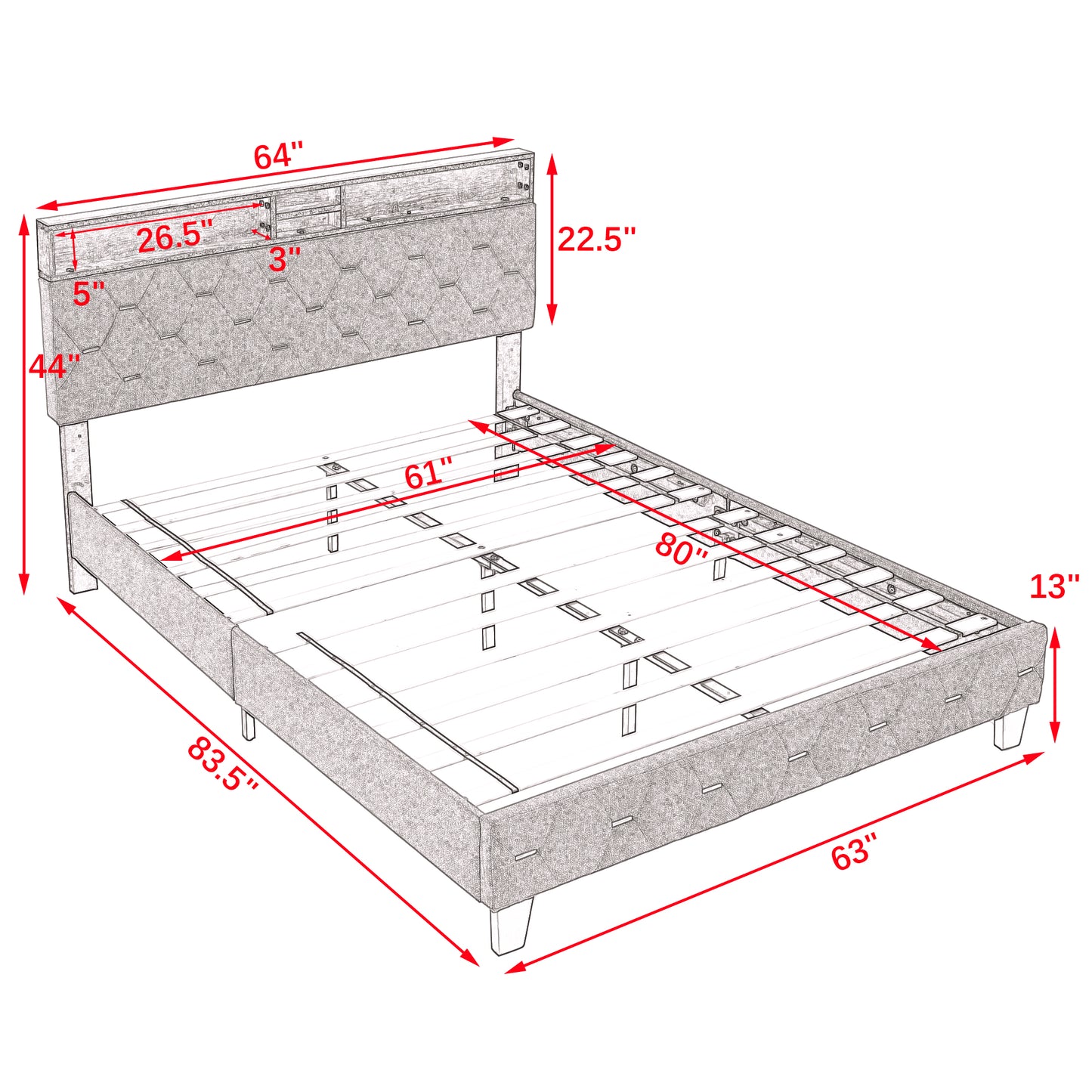 Queen Size Bed Frame, Shelf Upholstered Headboard, Platform Bed with Outlet & USB Ports, Wood Legs, No Box Spring Needed, Easy Assembly, Beige